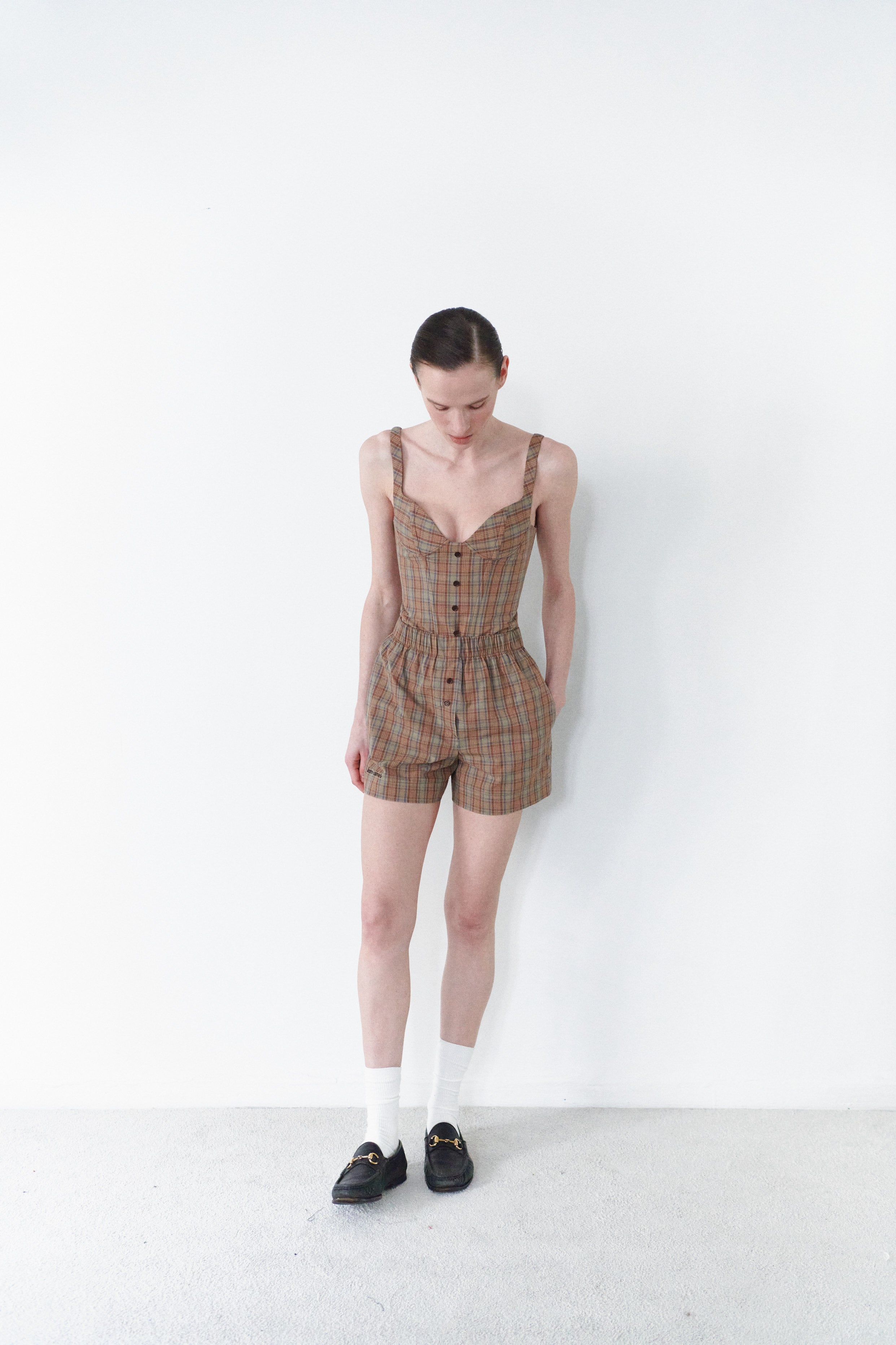 Brown Plaid Short With Button Details
