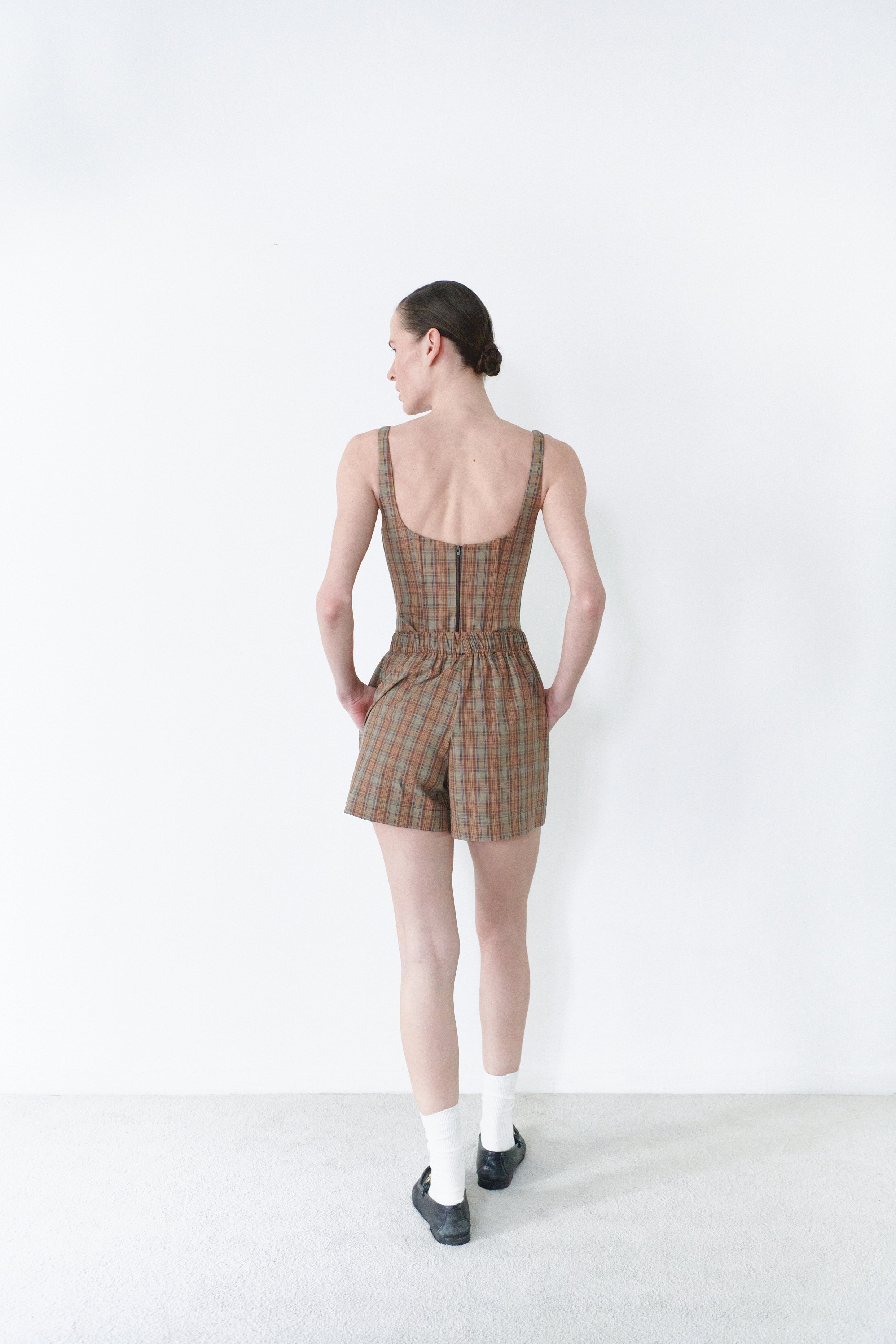 Brown Plaid Short With Button Details
