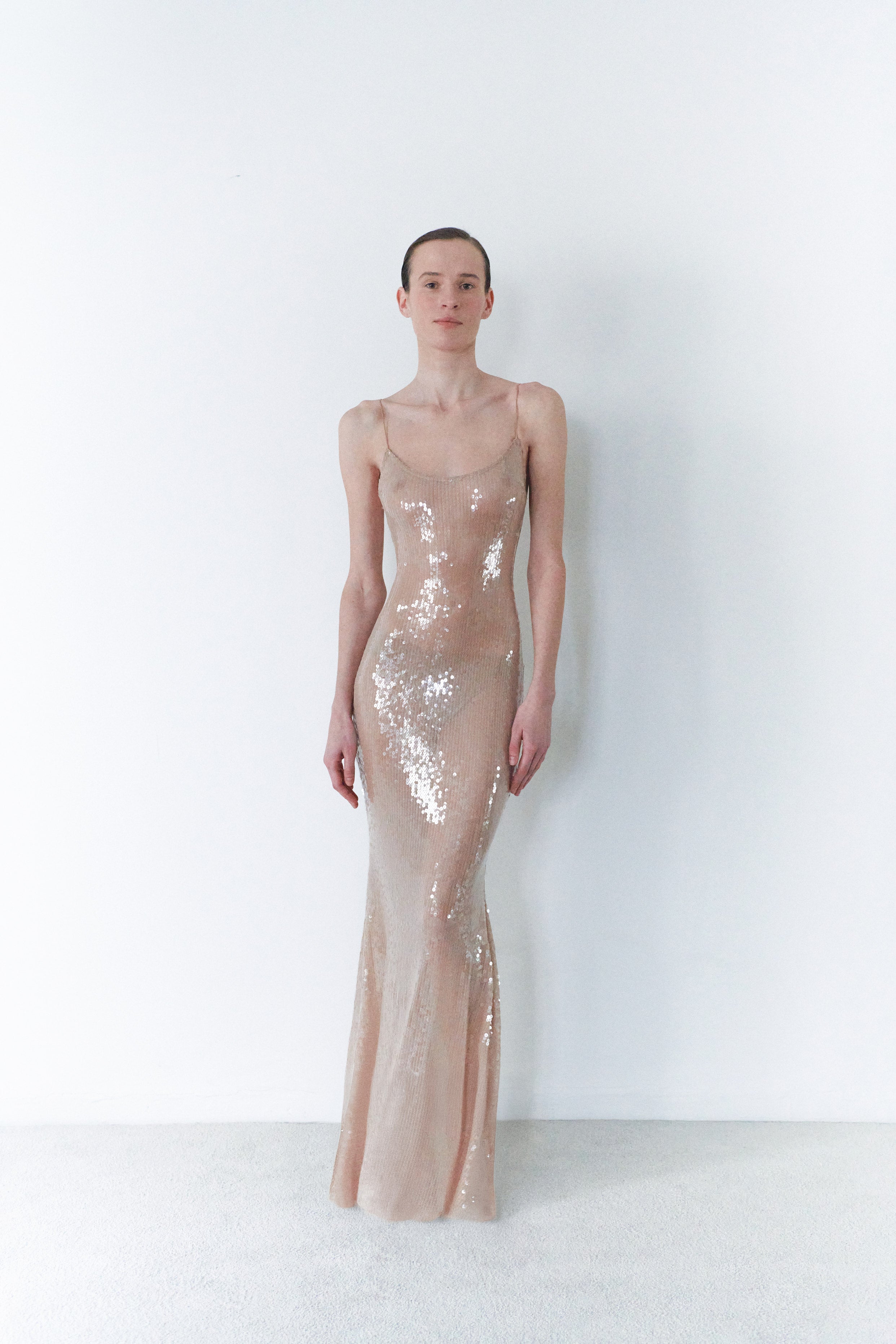 nude sheer sequin dress FITTED CRYSTAL BEADED ILLUSION GOWN BY LADIVINE CZ0025 SILVER NUDE / 4