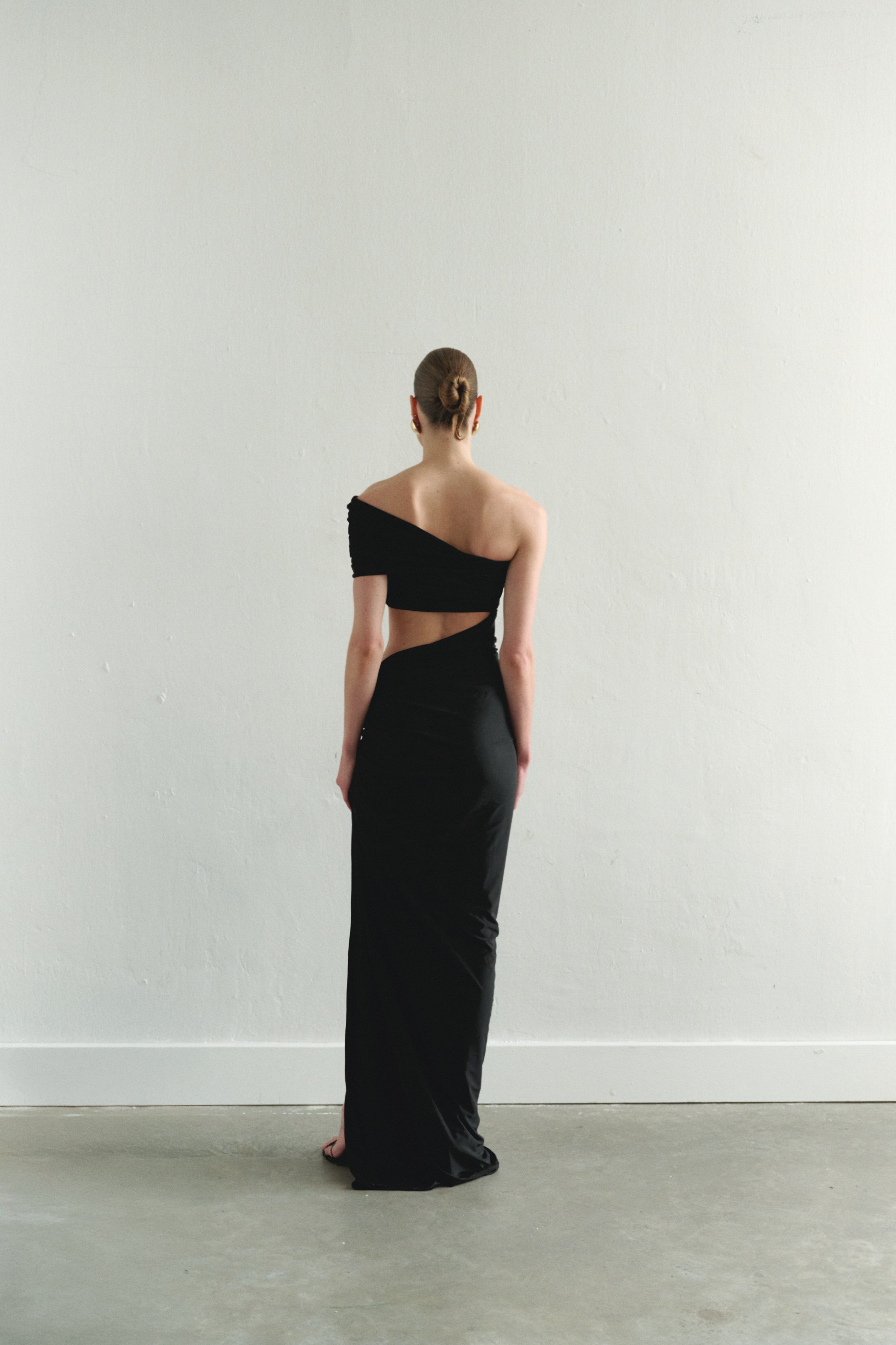 One-shoulder Black Maxi Dress with Cut-Out Detail