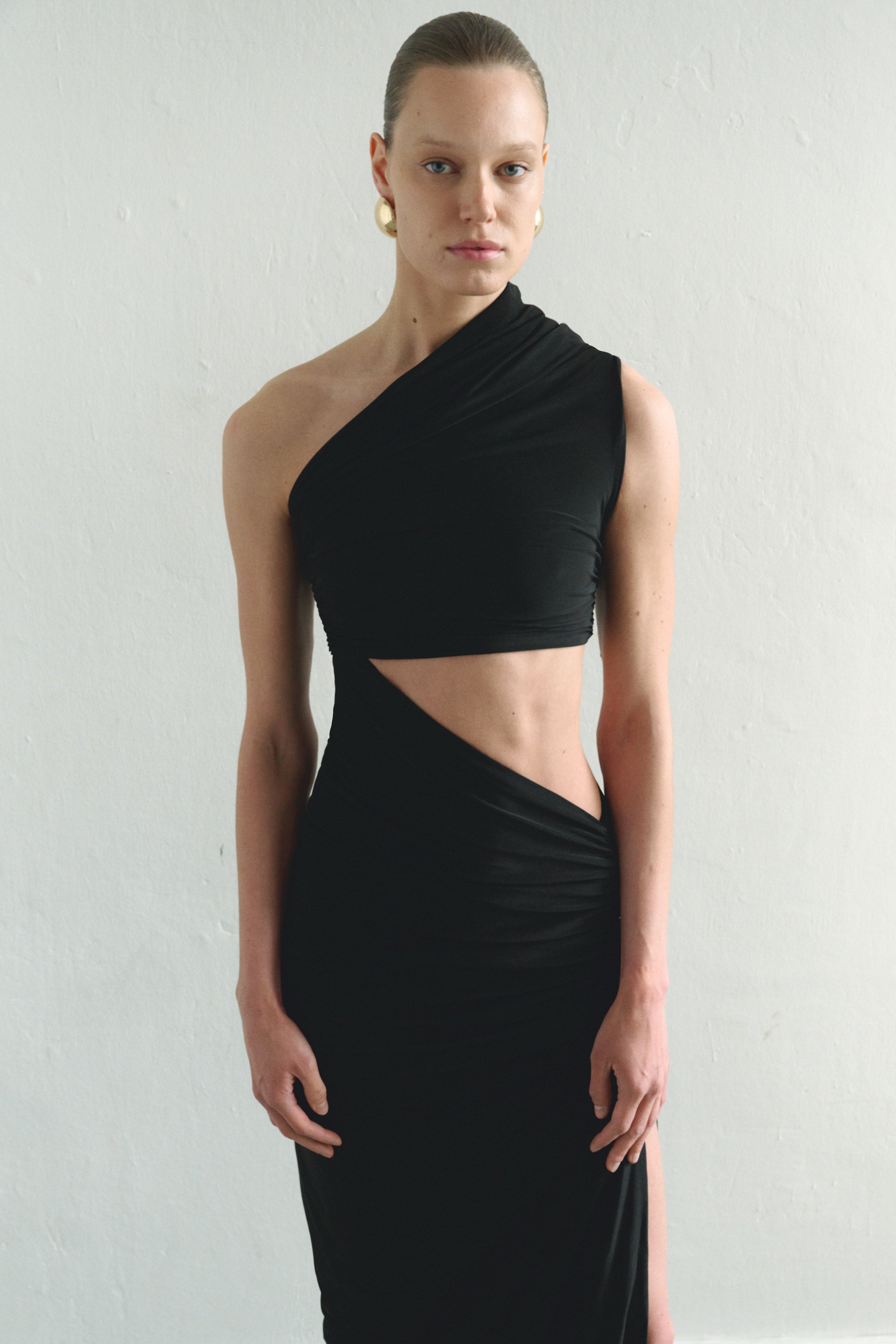 One-shoulder Black Maxi Dress with Cut-Out Detail
