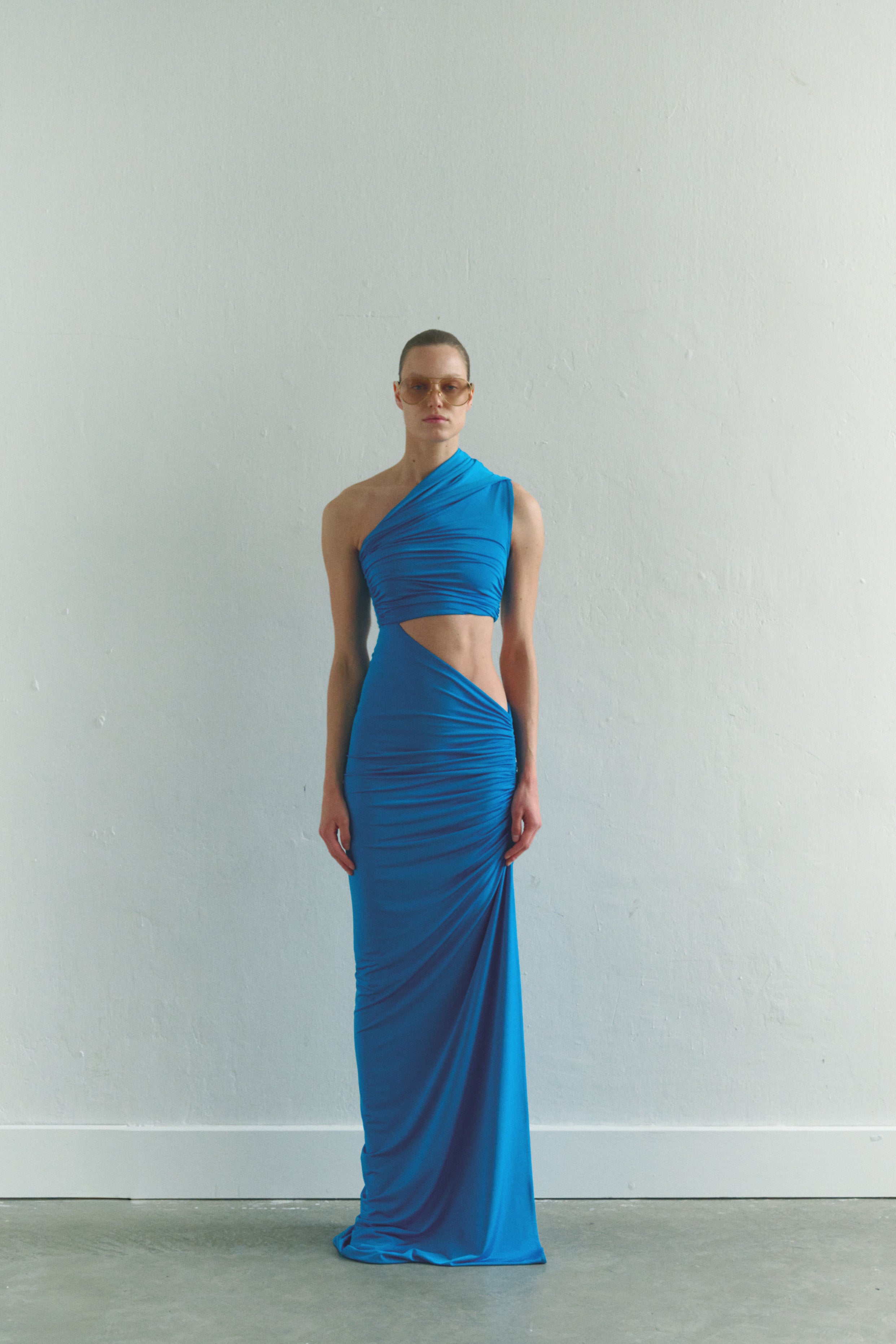 One-shoulder Turquoise Maxi Dress with Cut-Out Detail