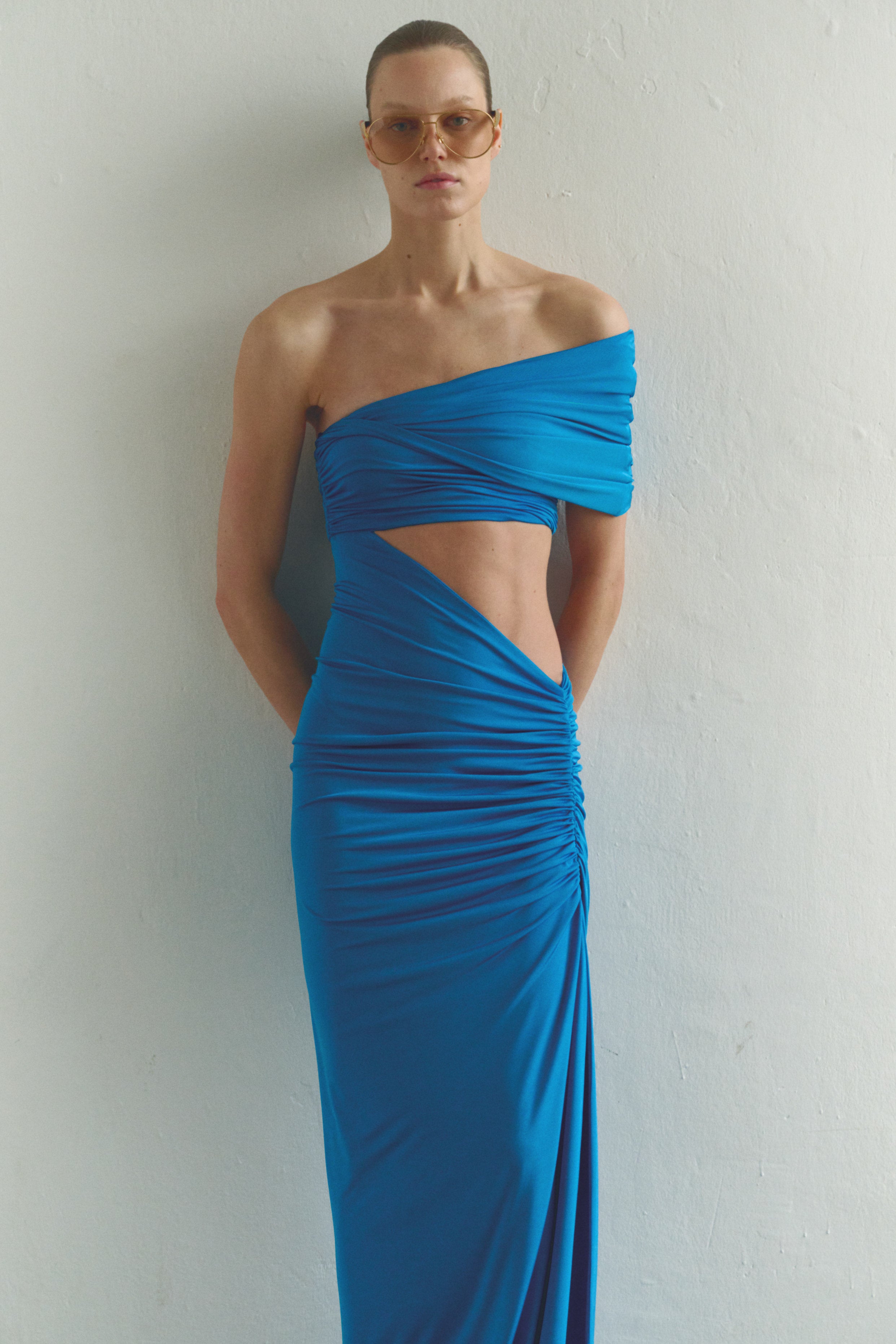 One-shoulder Turquoise Maxi Dress with Cut-Out Detail