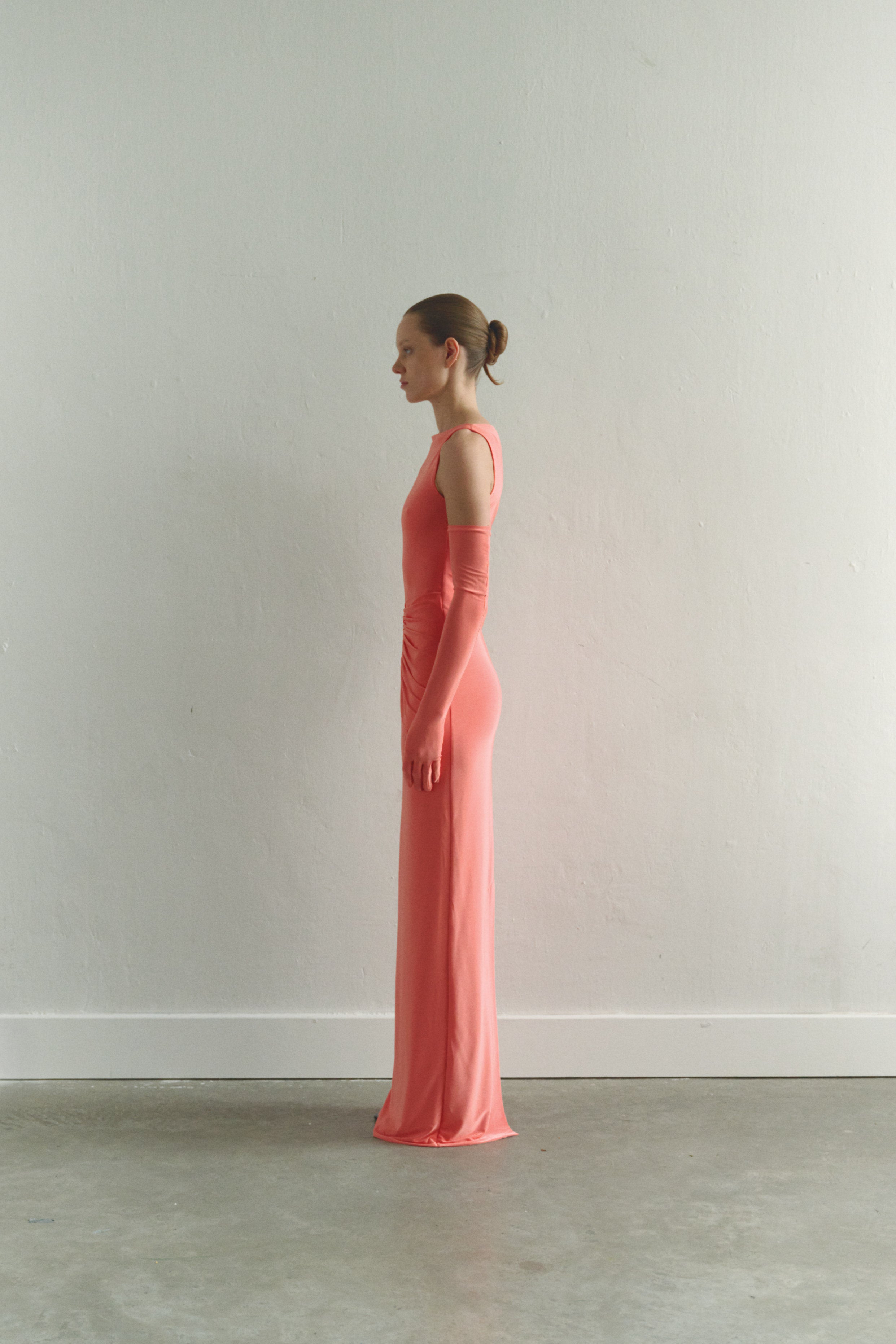 Coral Draped Maxi Dress with Gloves