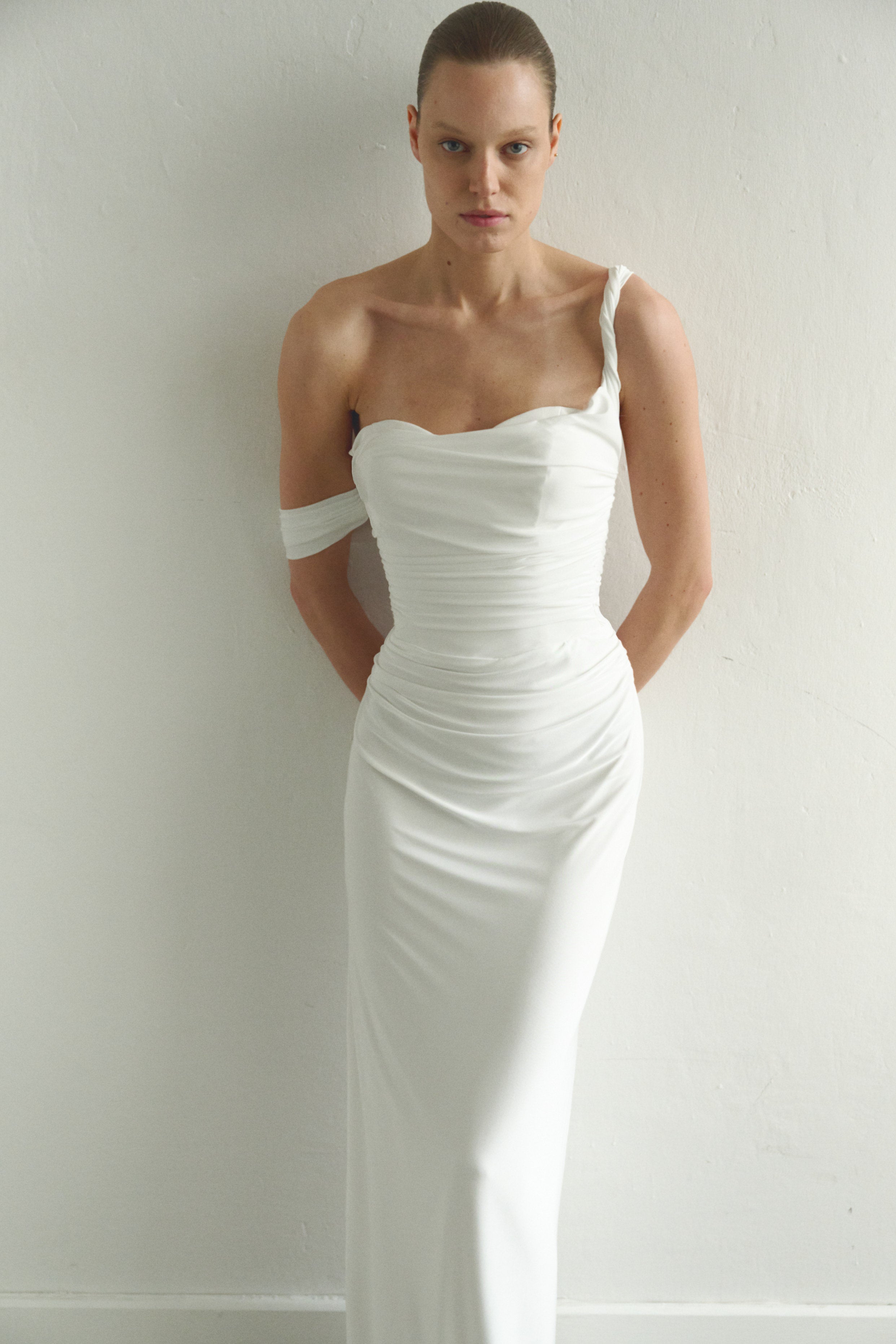White Draped Maxi Dress Low Strap and Side Slit