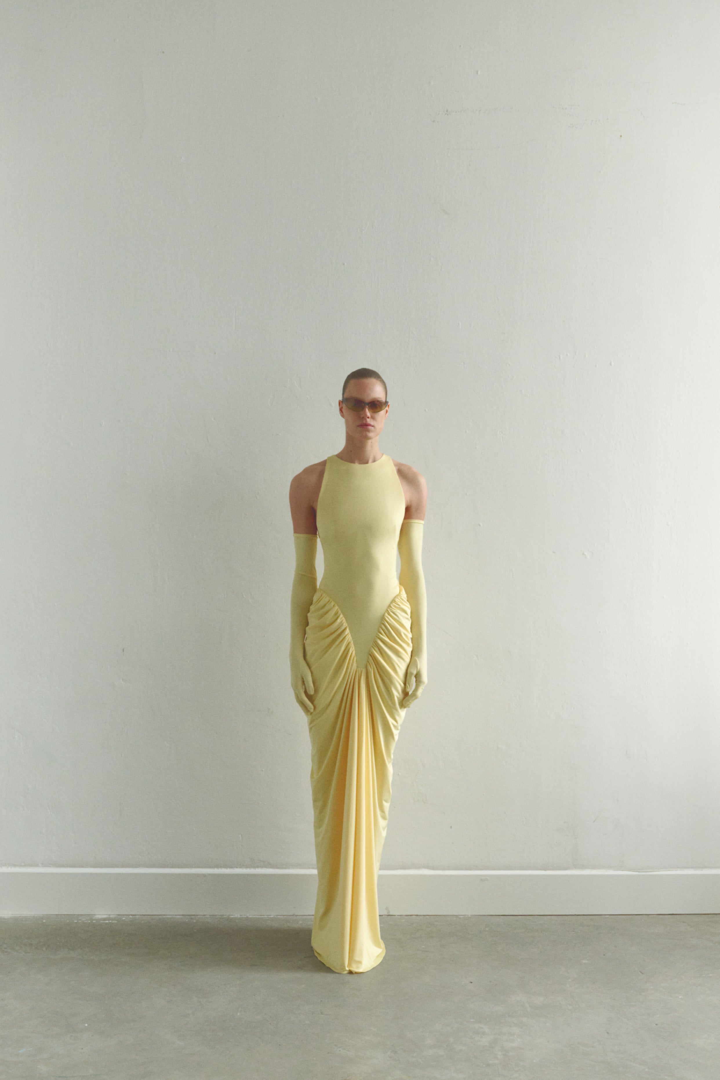 Butter Yellow Halter Neck Draped Dress With Gloves