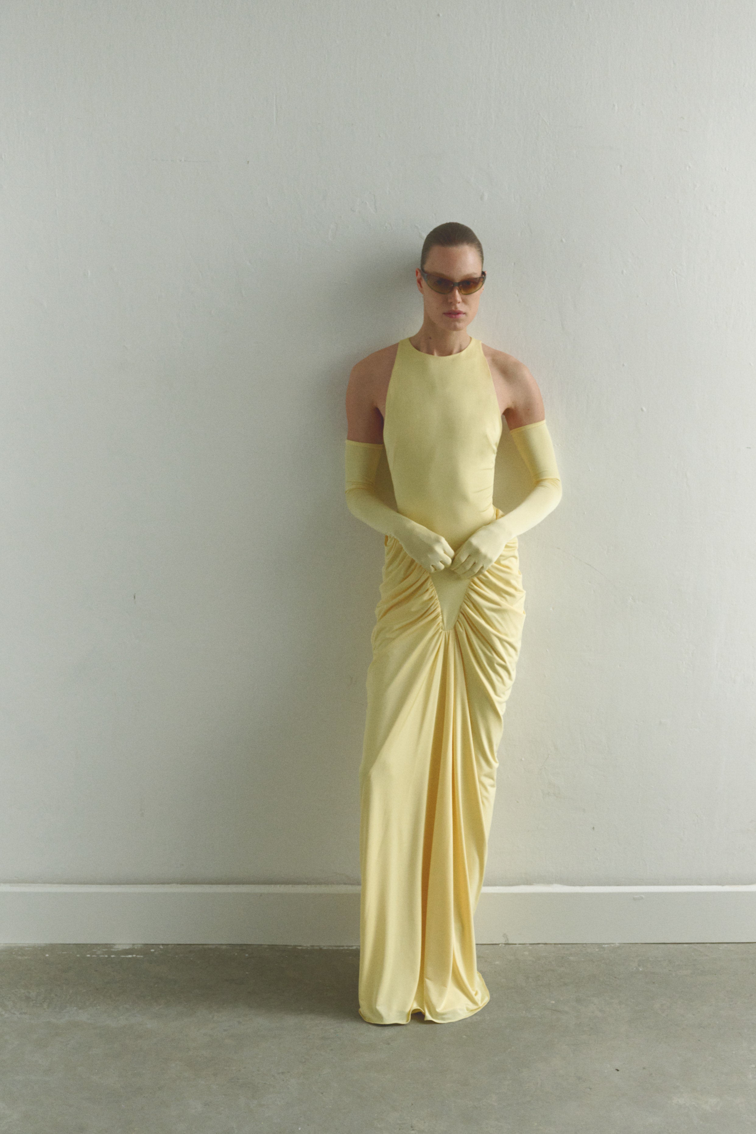Butter Yellow Halter Neck Draped Dress With Gloves