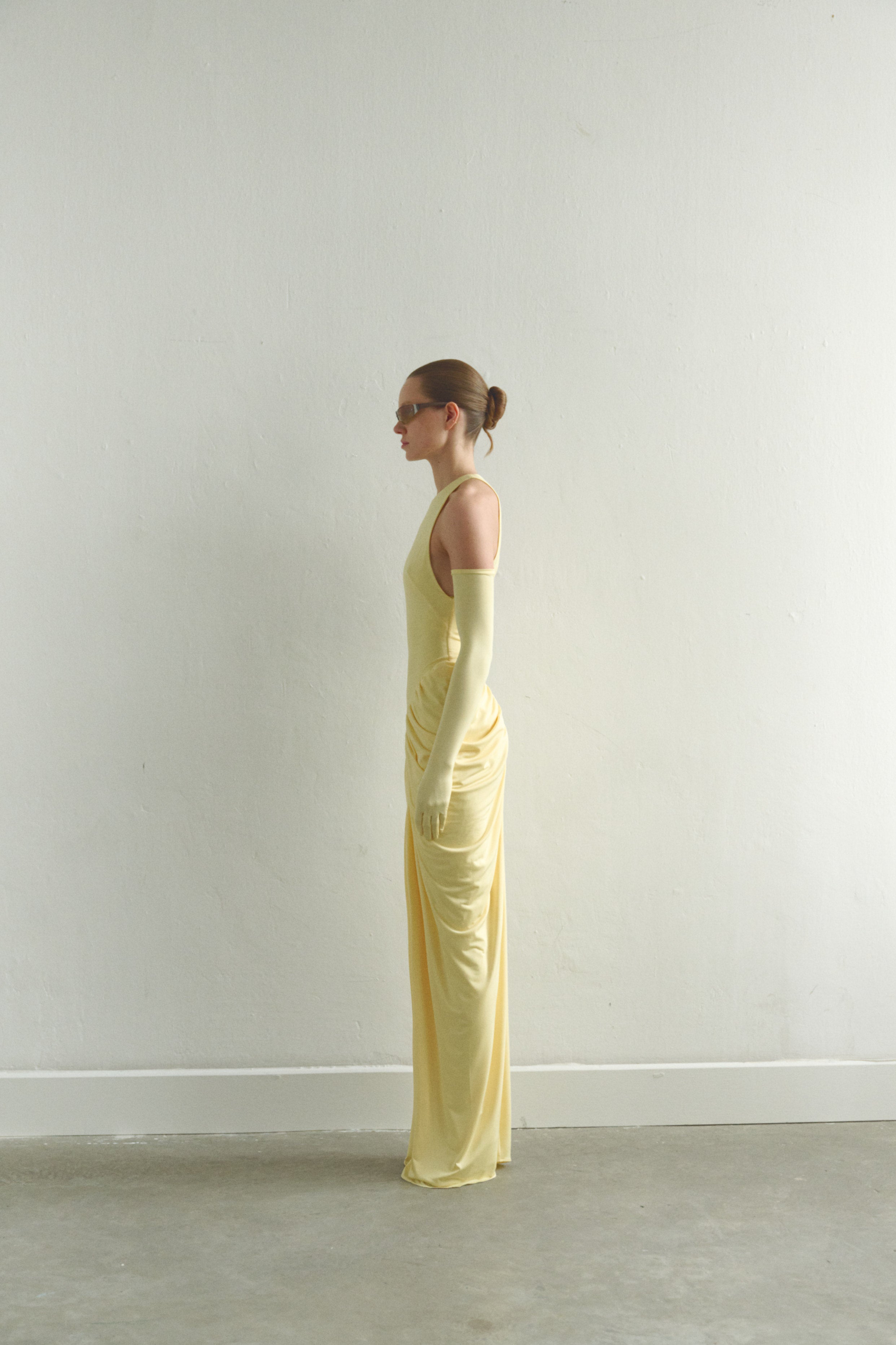 Butter Yellow Halter Neck Draped Dress With Gloves