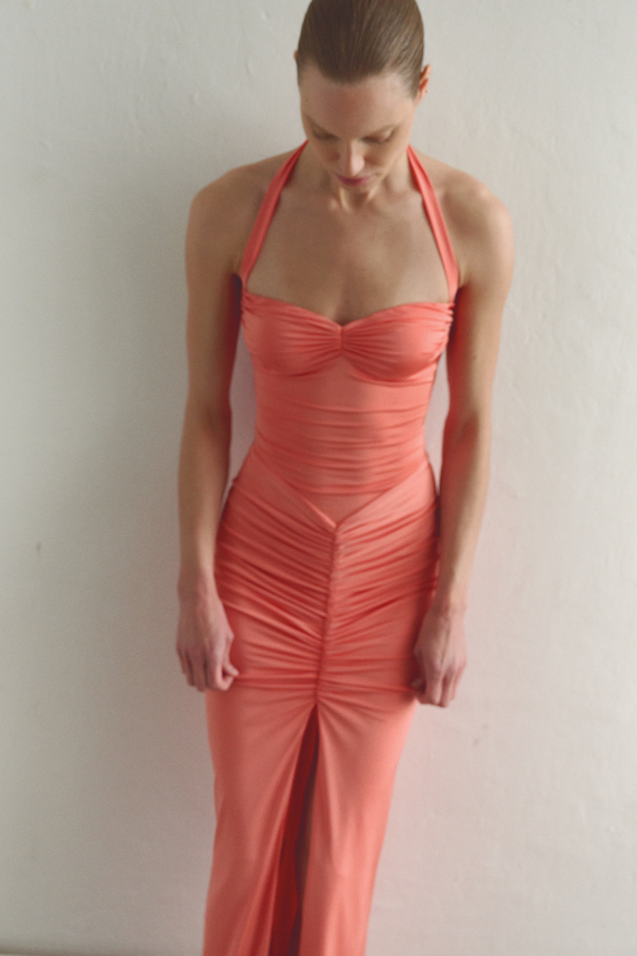 Coral Tie Neck Draped Dress with Front Slit