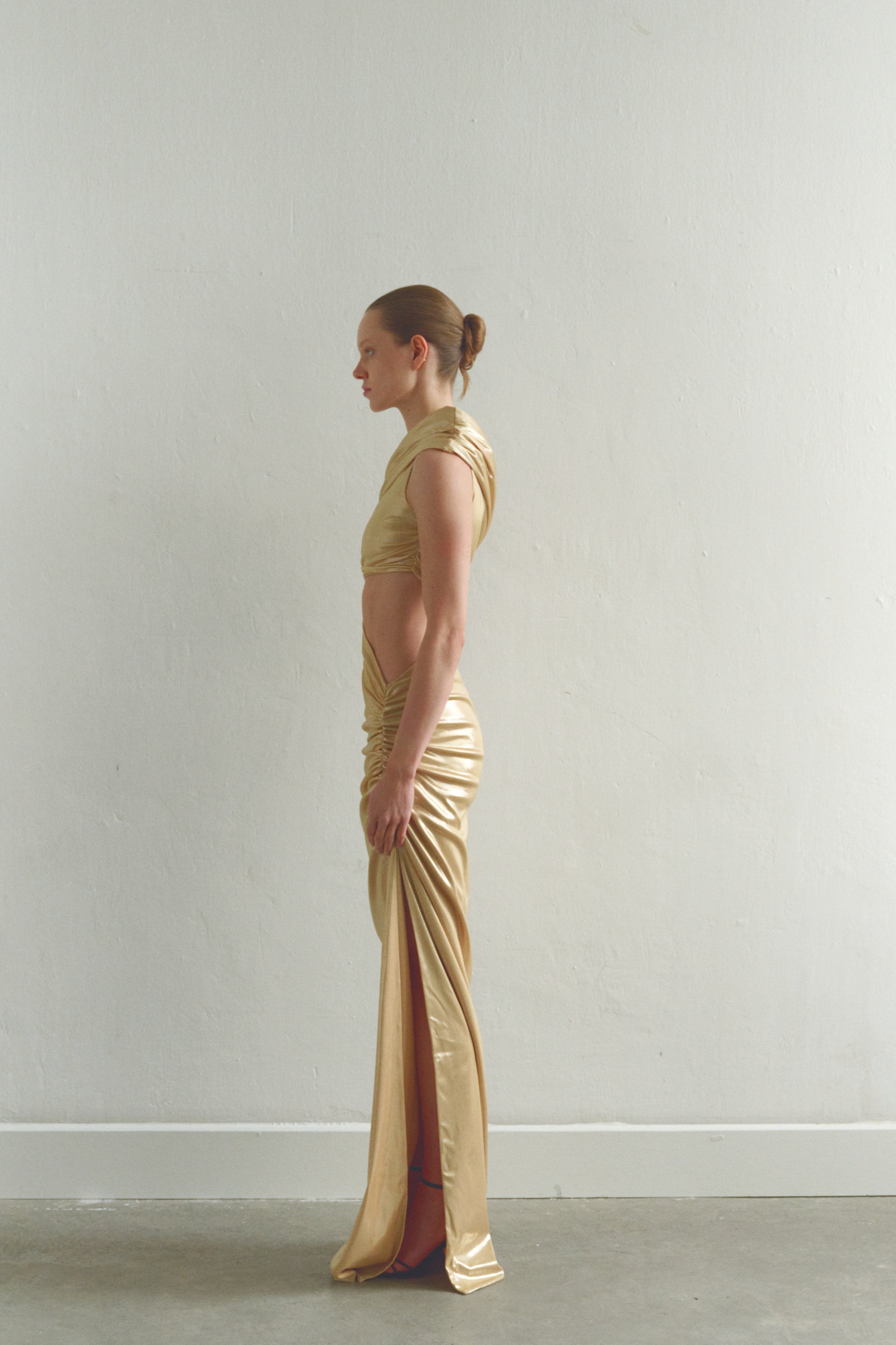 One-shoulder Gold Maxi Dress with Cut-Out Detail