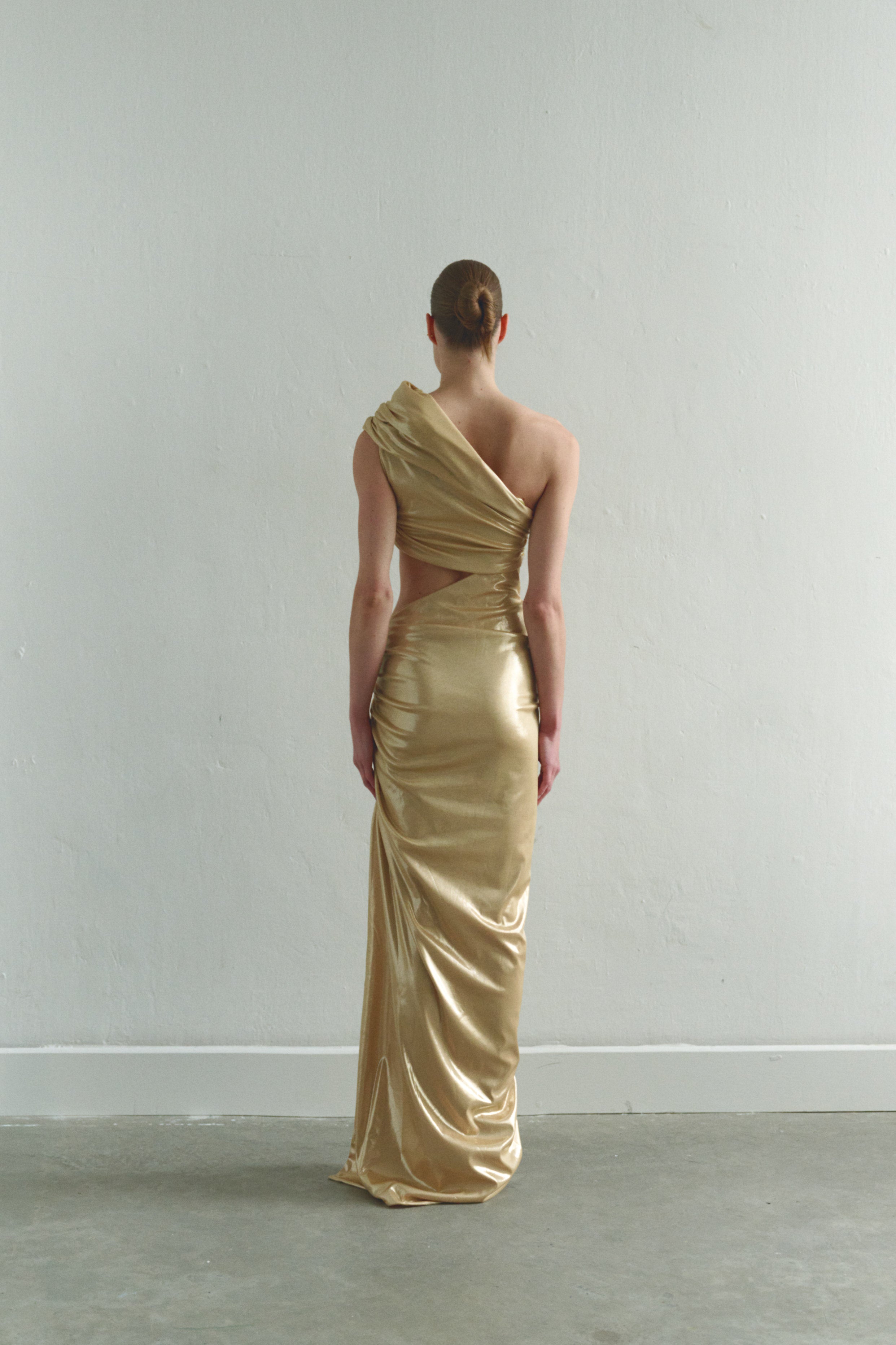 One-shoulder Gold Maxi Dress with Cut-Out Detail