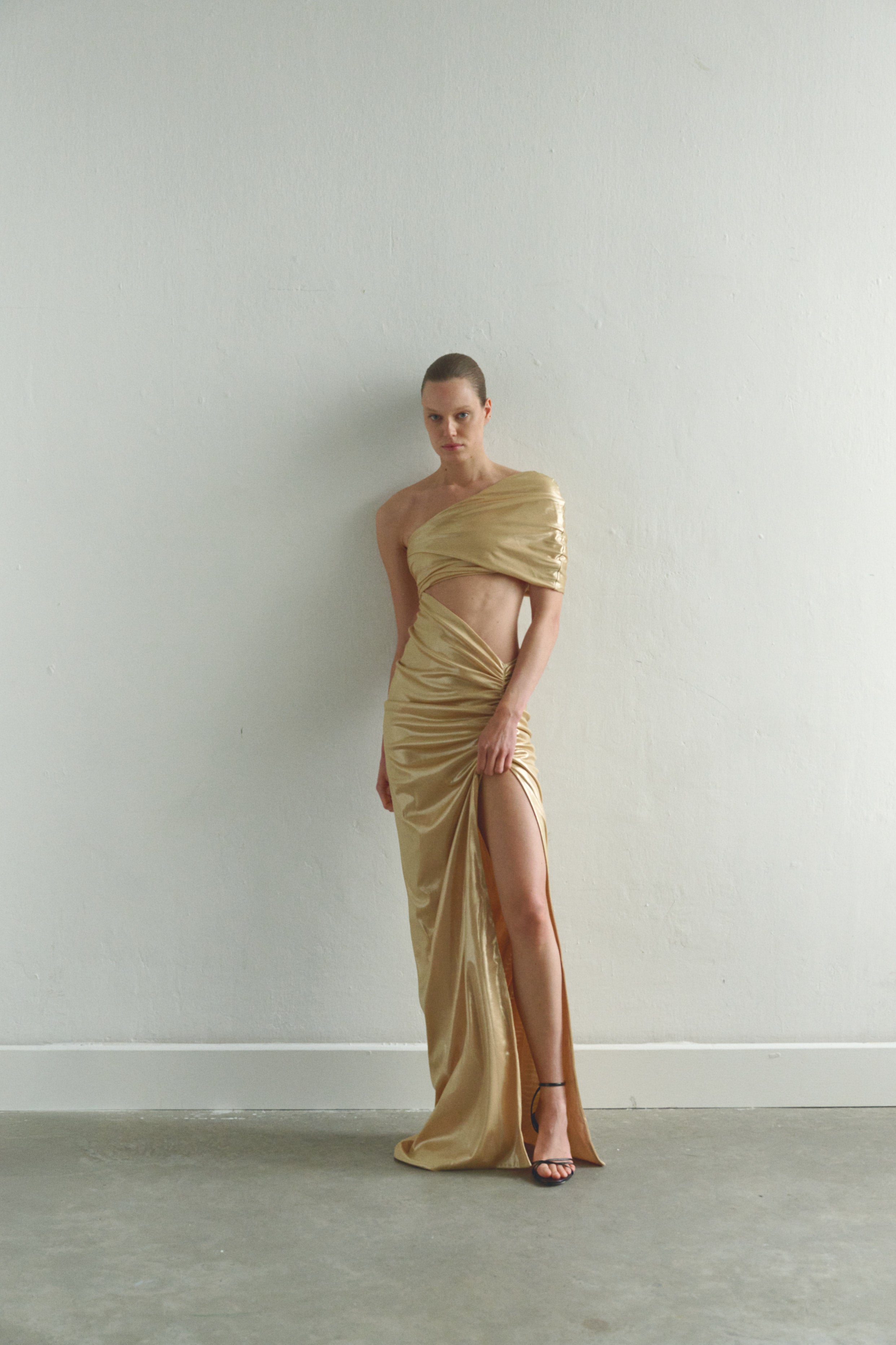 One-shoulder Gold Maxi Dress with Cut-Out Detail