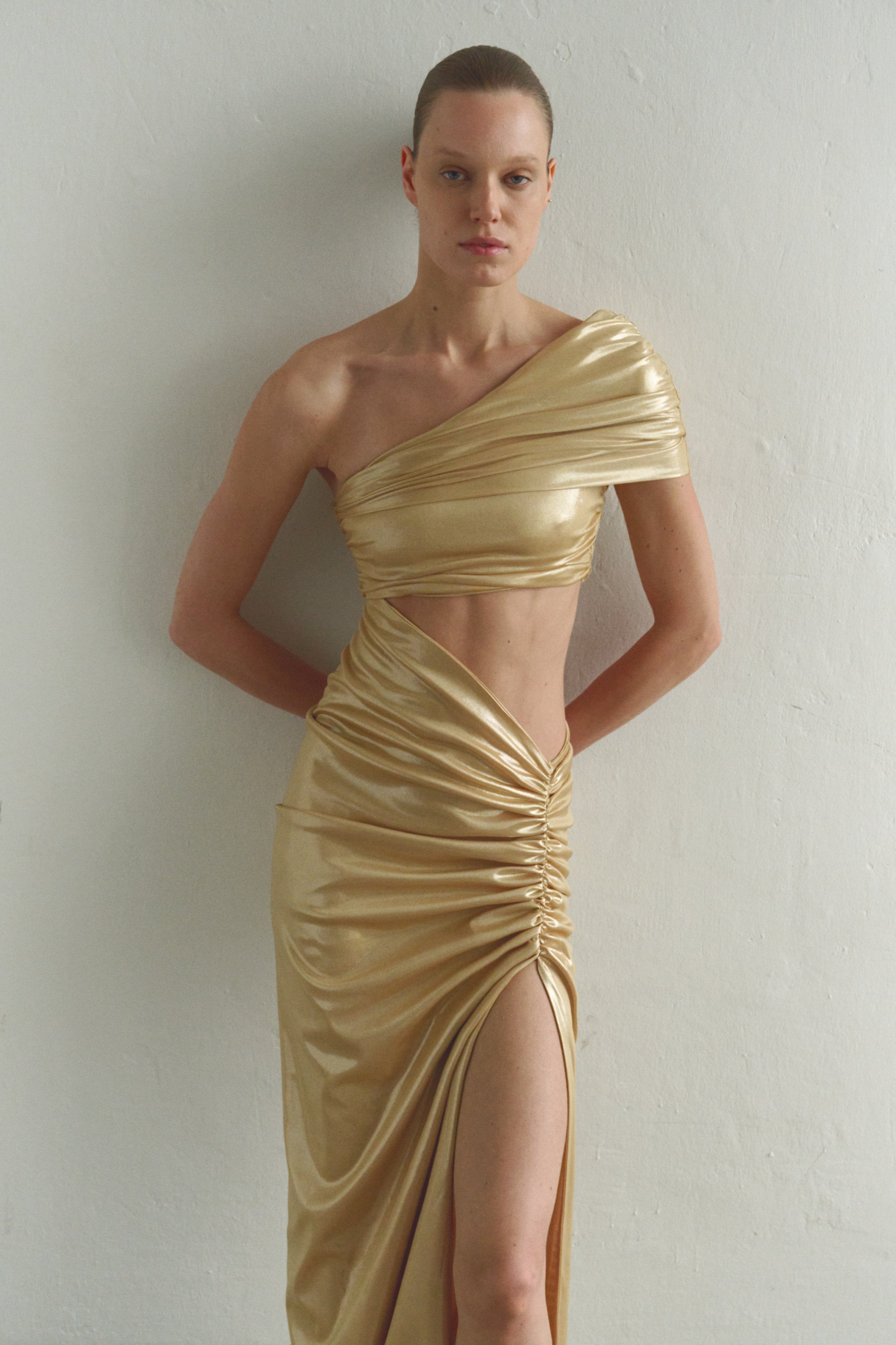 One-shoulder Gold Maxi Dress with Cut-Out Detail
