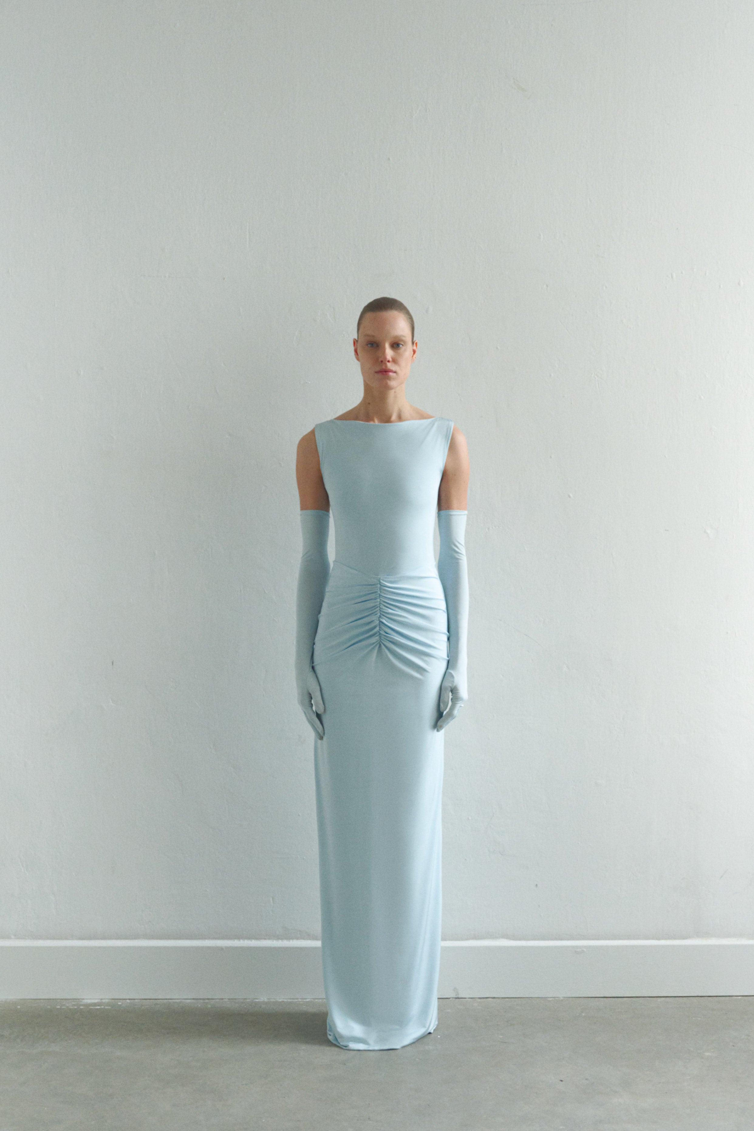 Baby Blue Draped Maxi Dress with Gloves