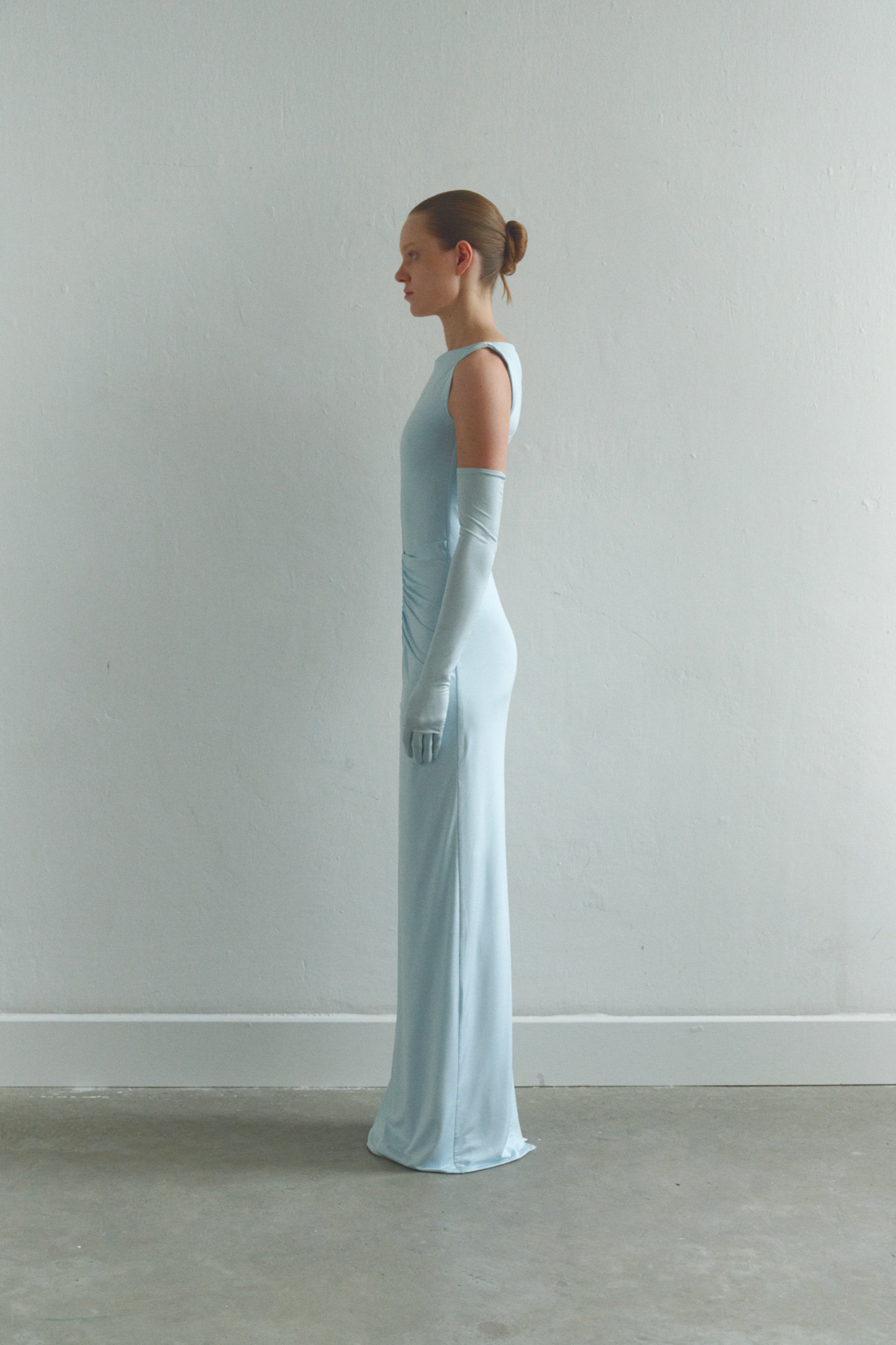 Baby Blue Draped Maxi Dress with Gloves