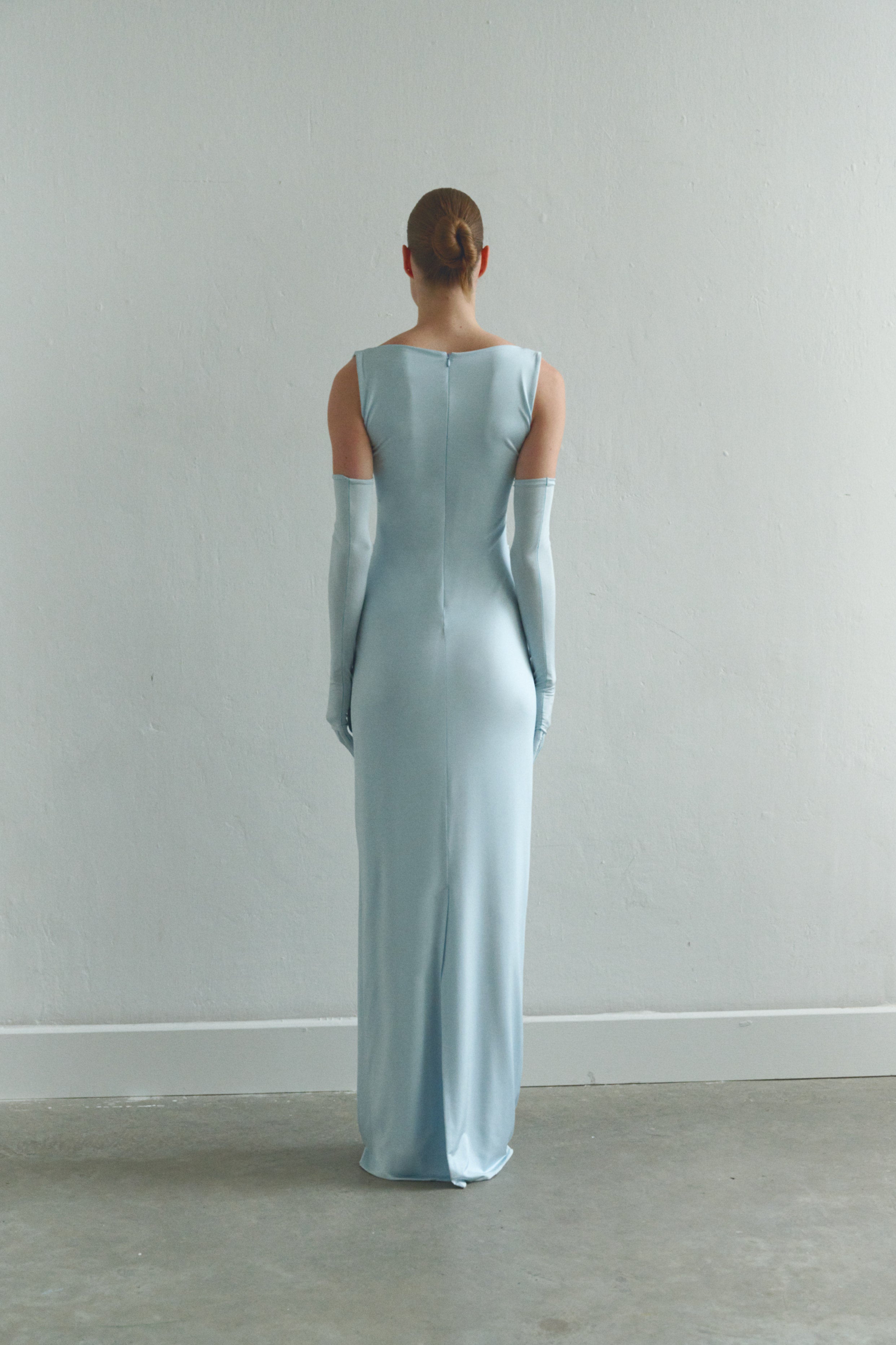 Baby Blue Draped Maxi Dress with Gloves