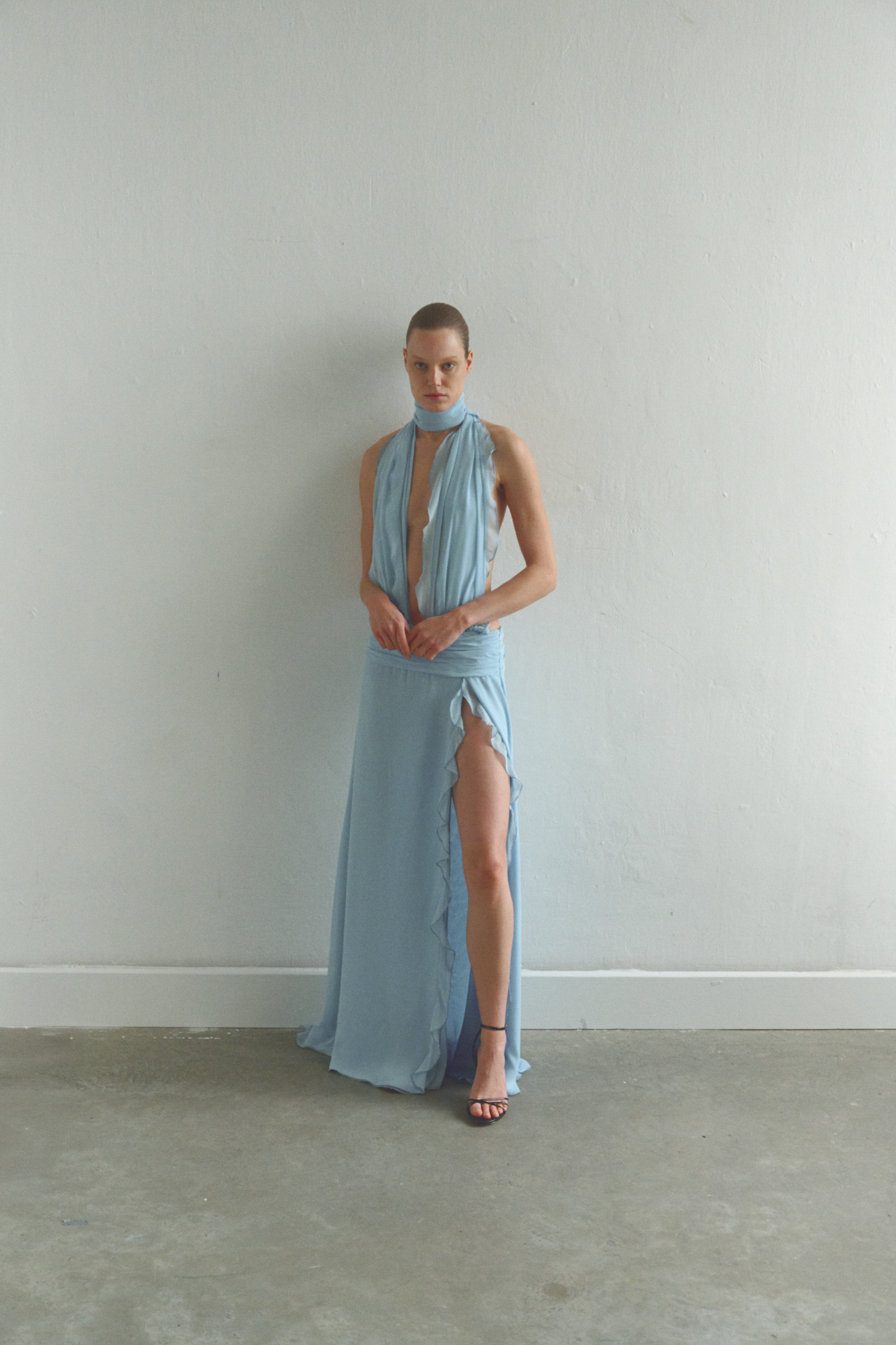 Baby Blue Chiffon Dress with Side Slit