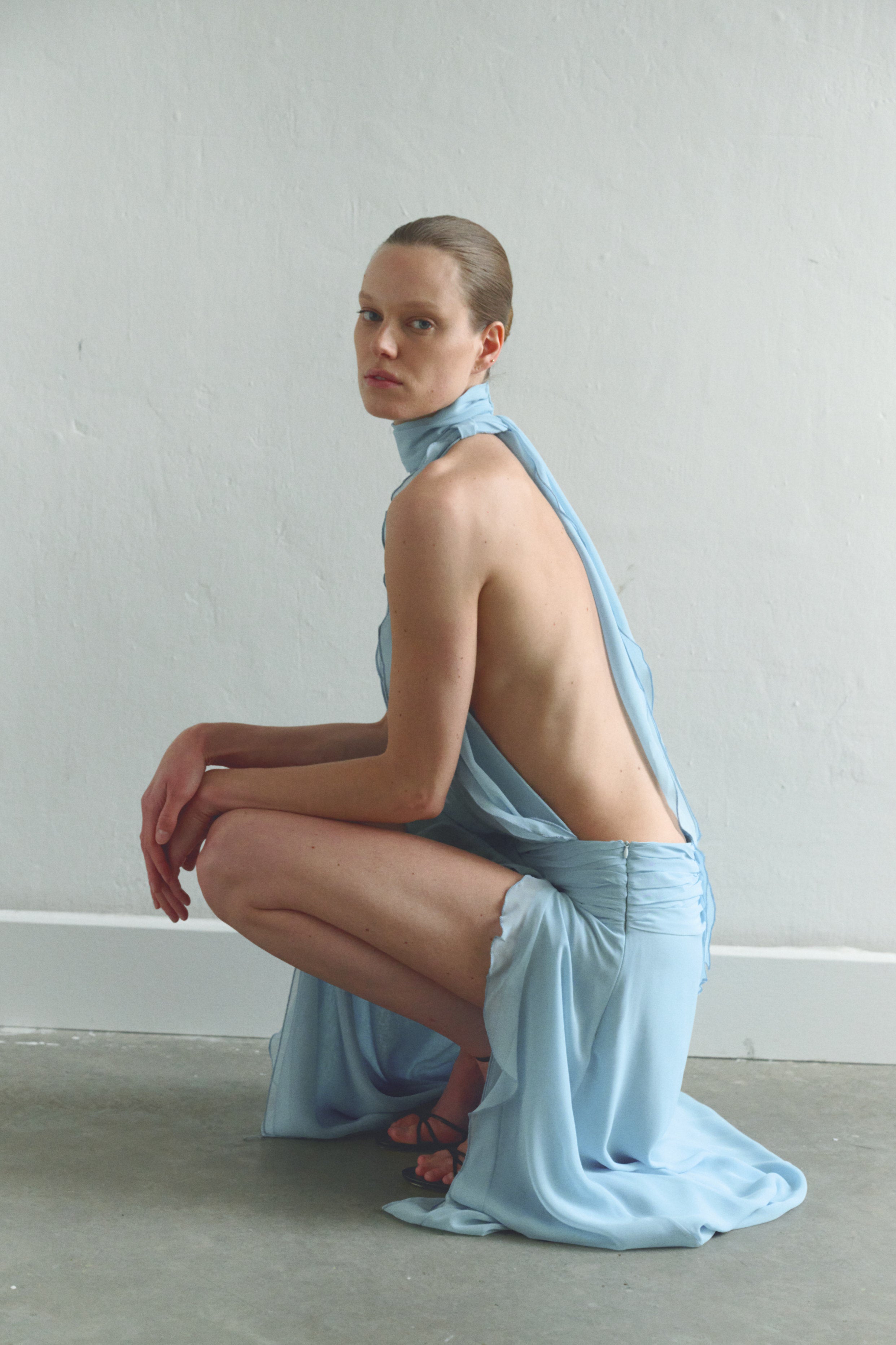 Baby Blue Chiffon Dress with Side Slit