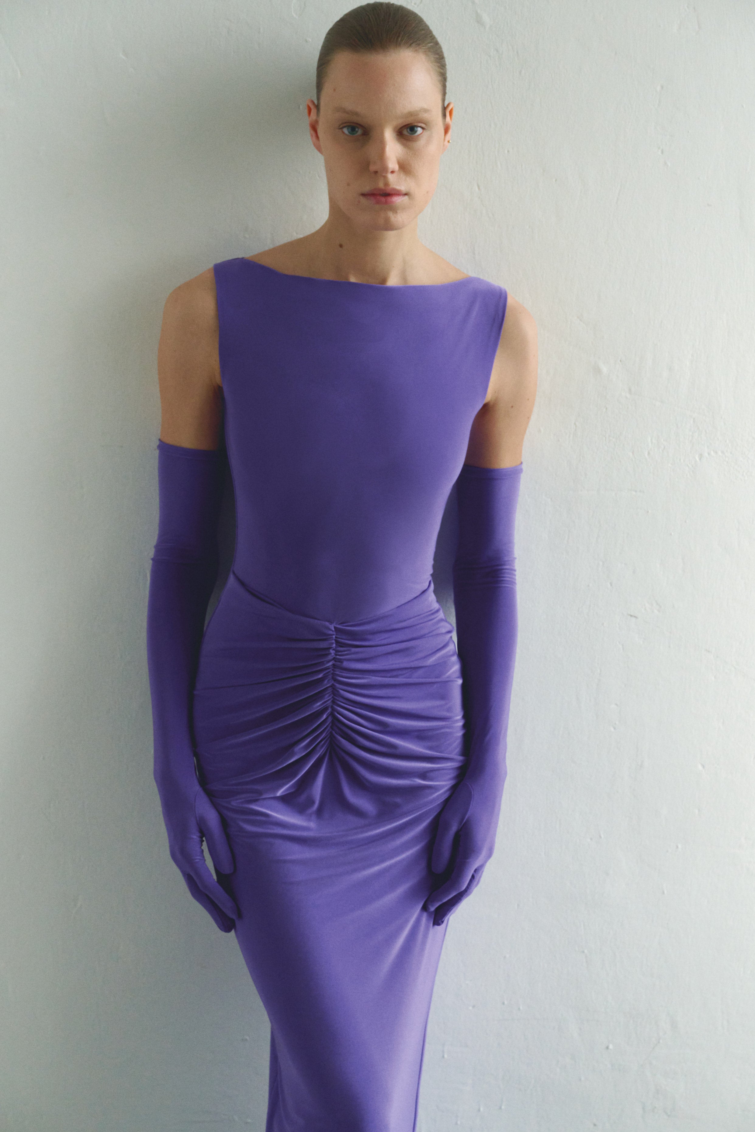 Purple Draped Maxi Dress with Gloves