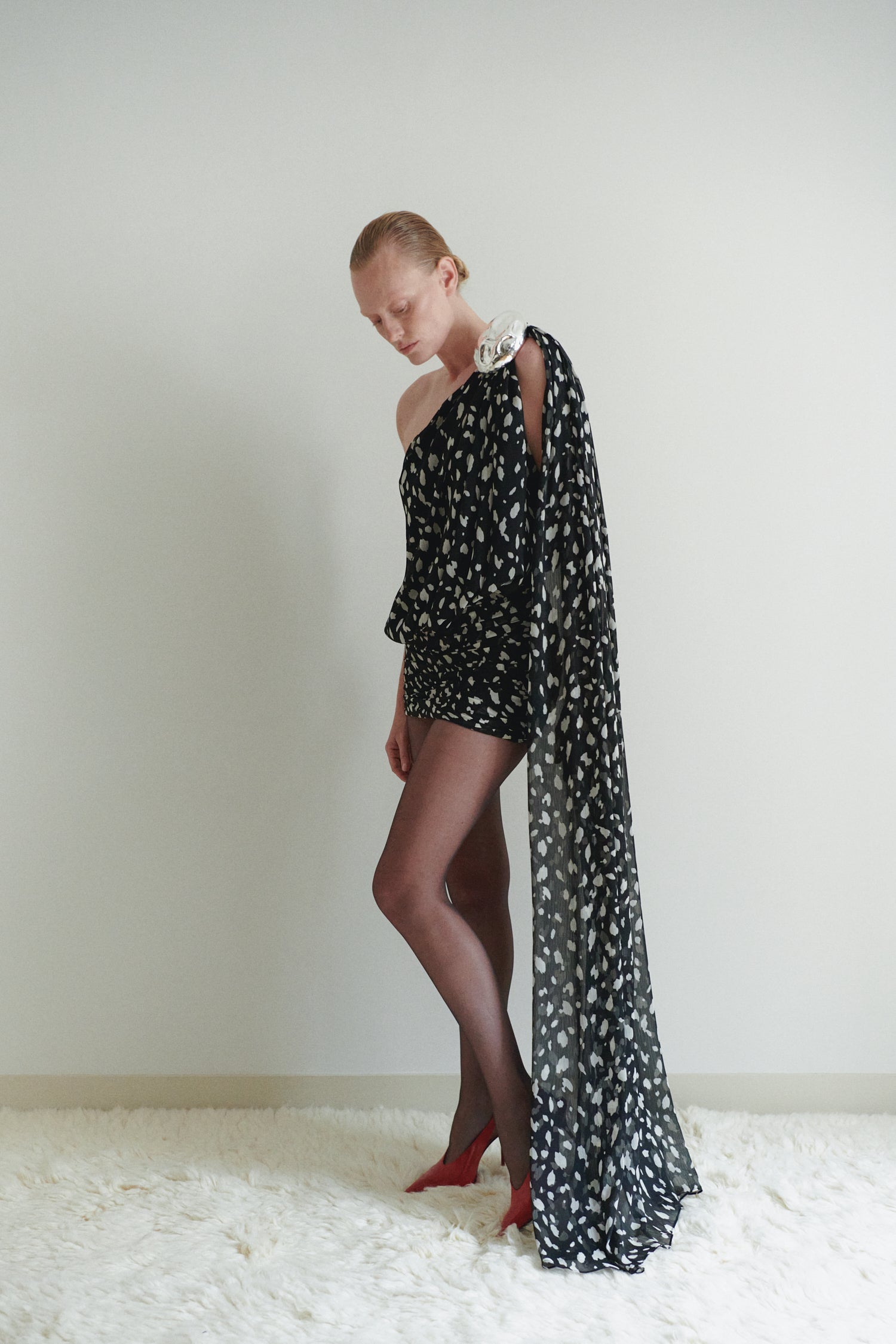 Dalmatian Print Chiffon Mini Dress with Metal Stone