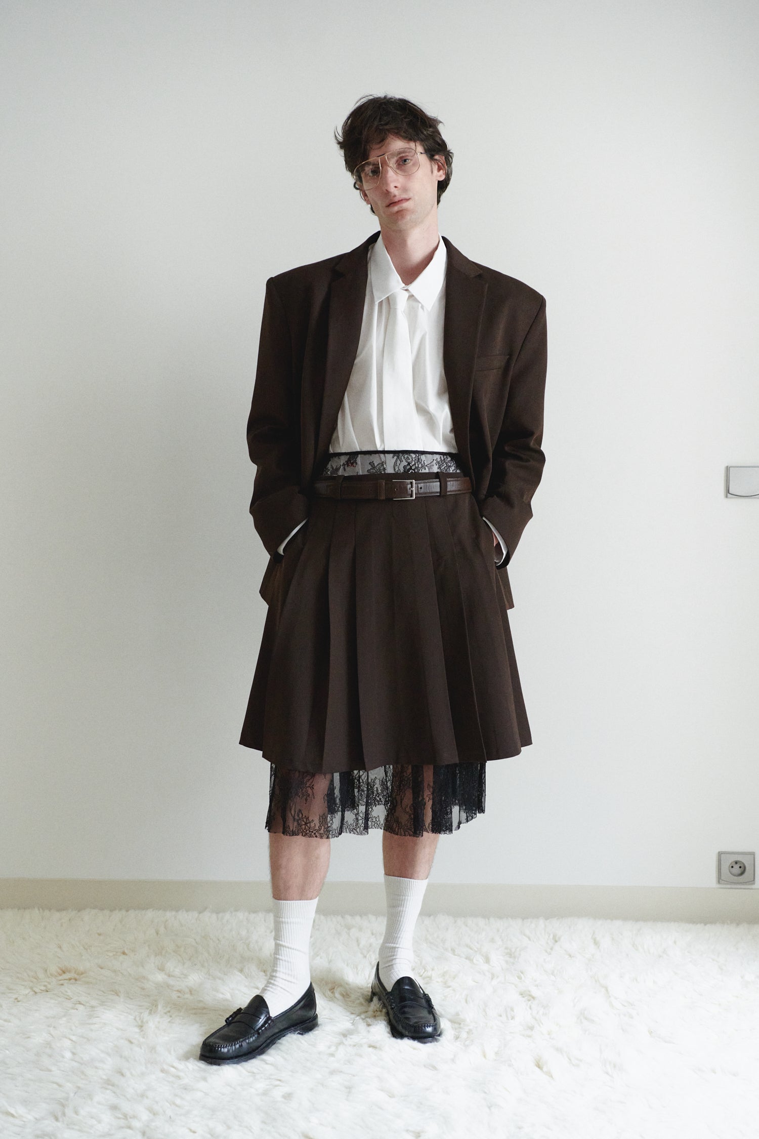 Brown Pleated Skirt with Lace Layer