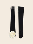 Black Jersey Gloves with White Flowers