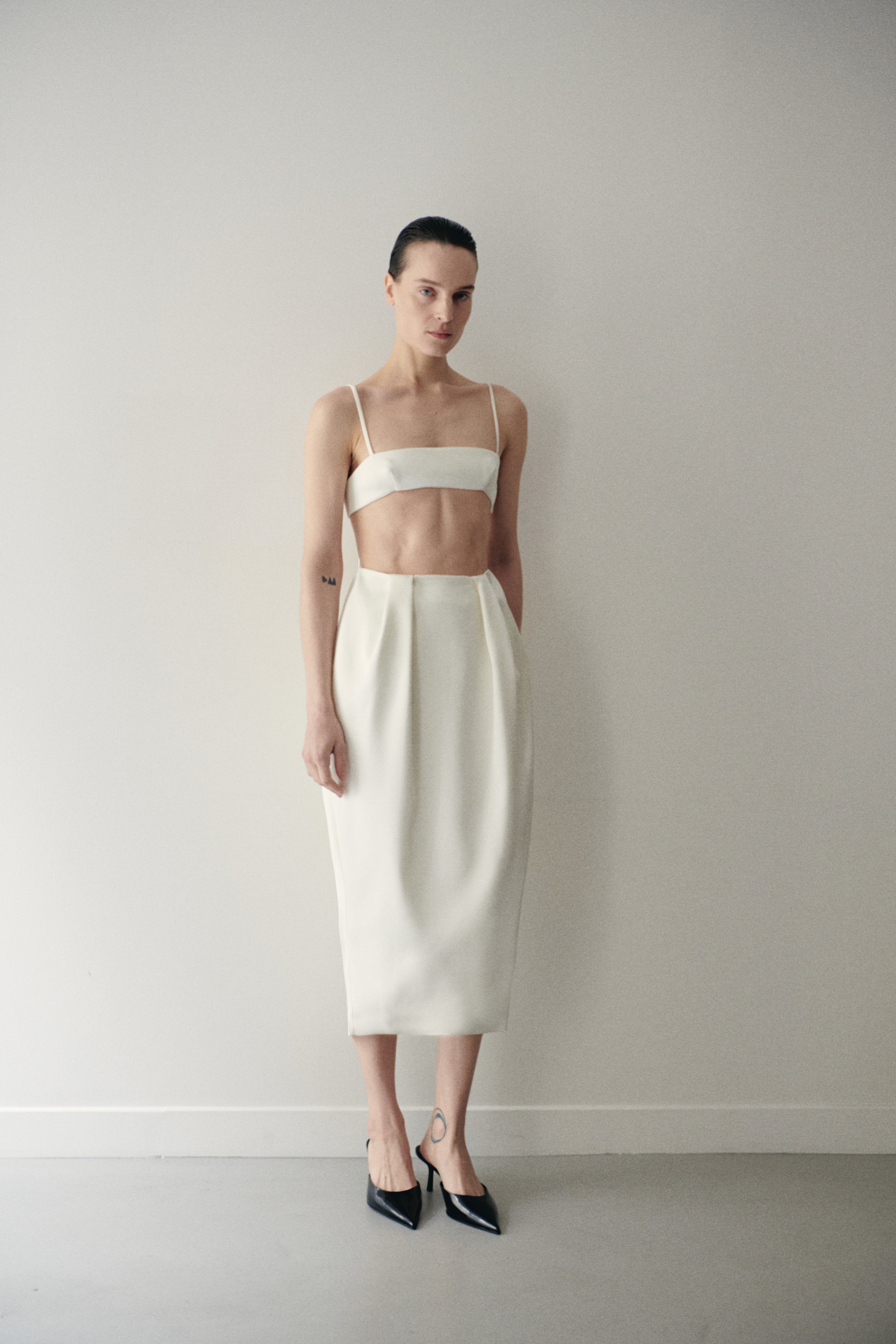 White Satin Midi Skirt with Pockets