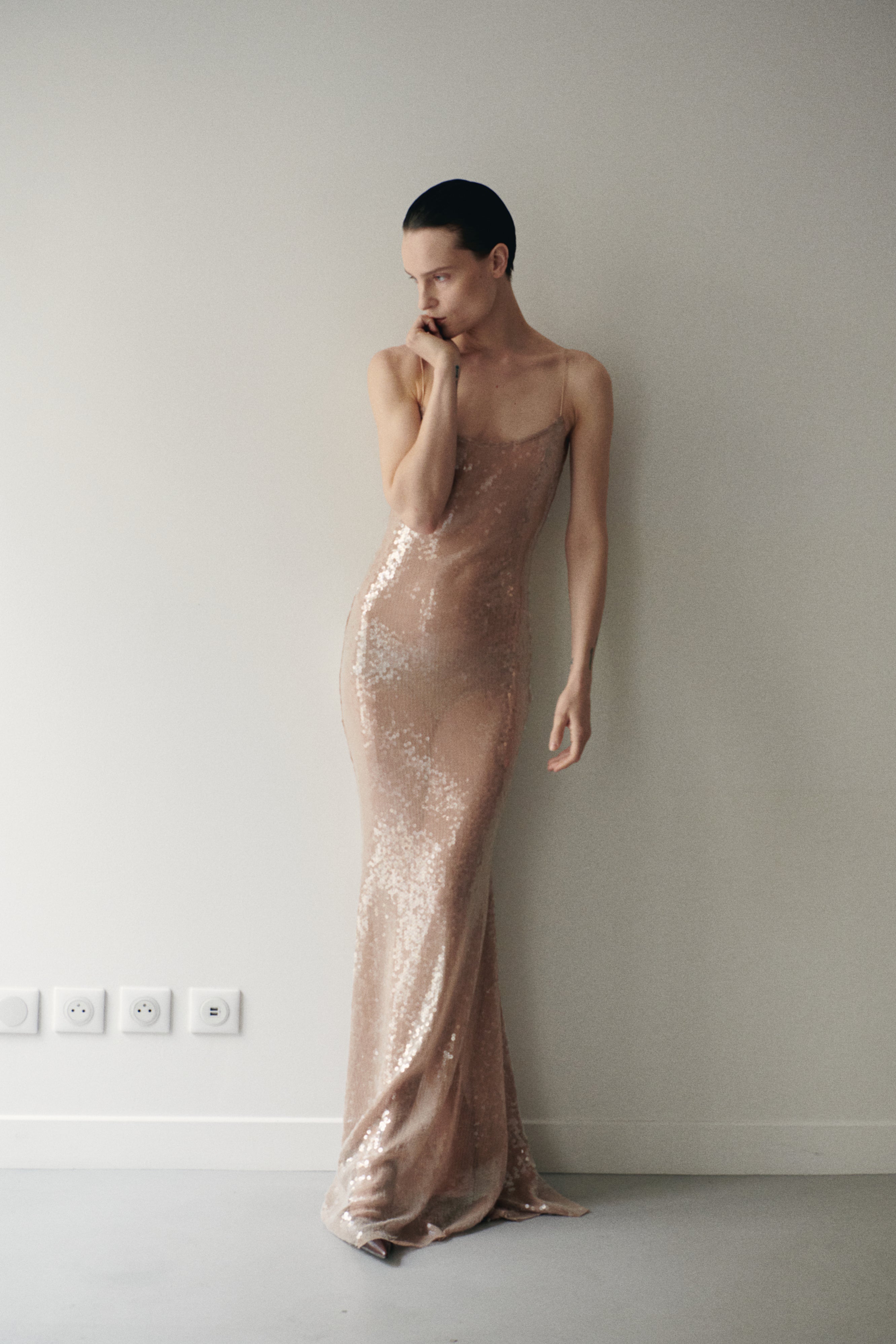 Nude Sequin Long Transparent Dress