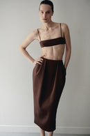 Brown Satin Midi Skirt with Pockets