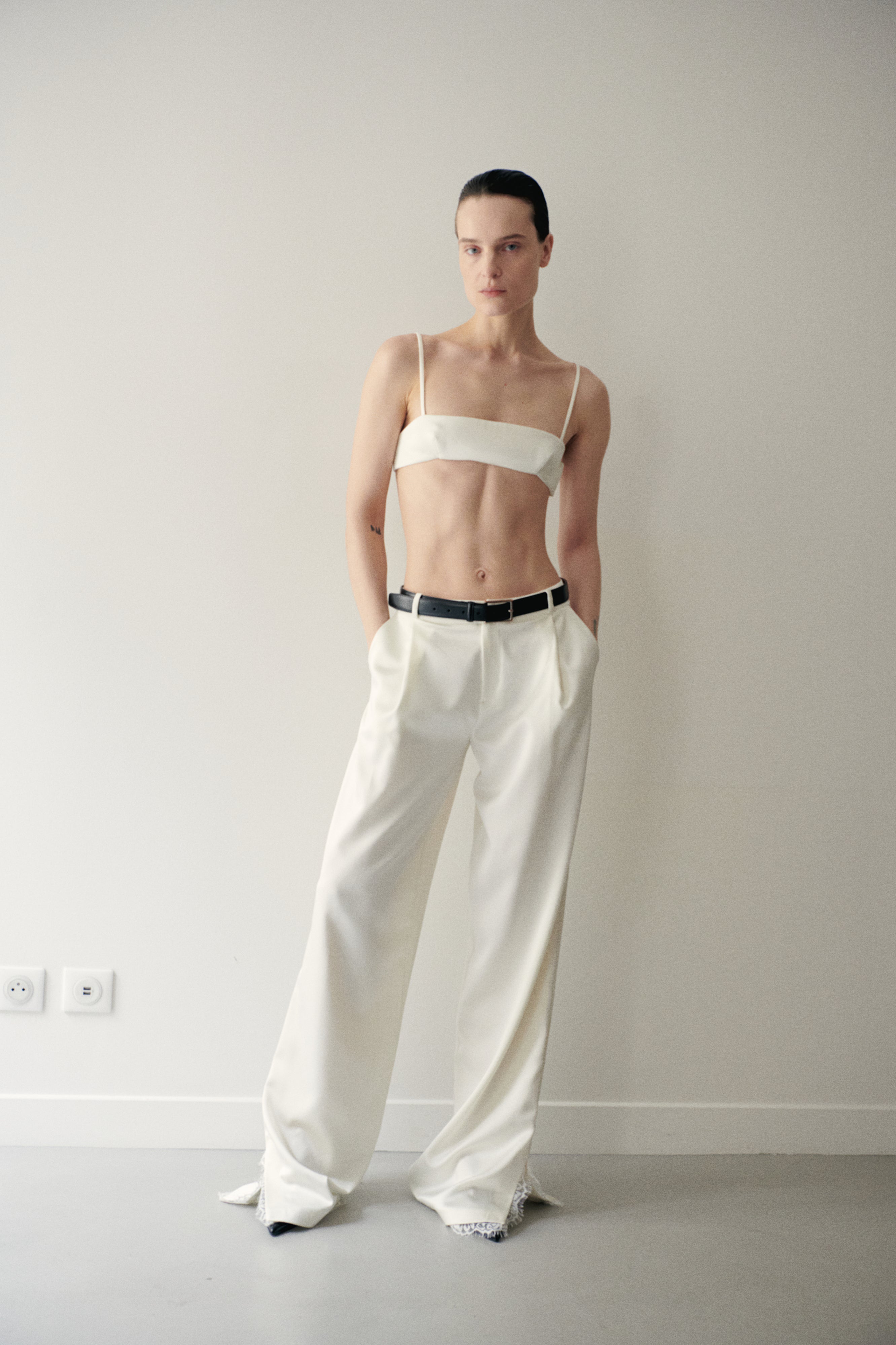 White Satin Trousers with Lace Details