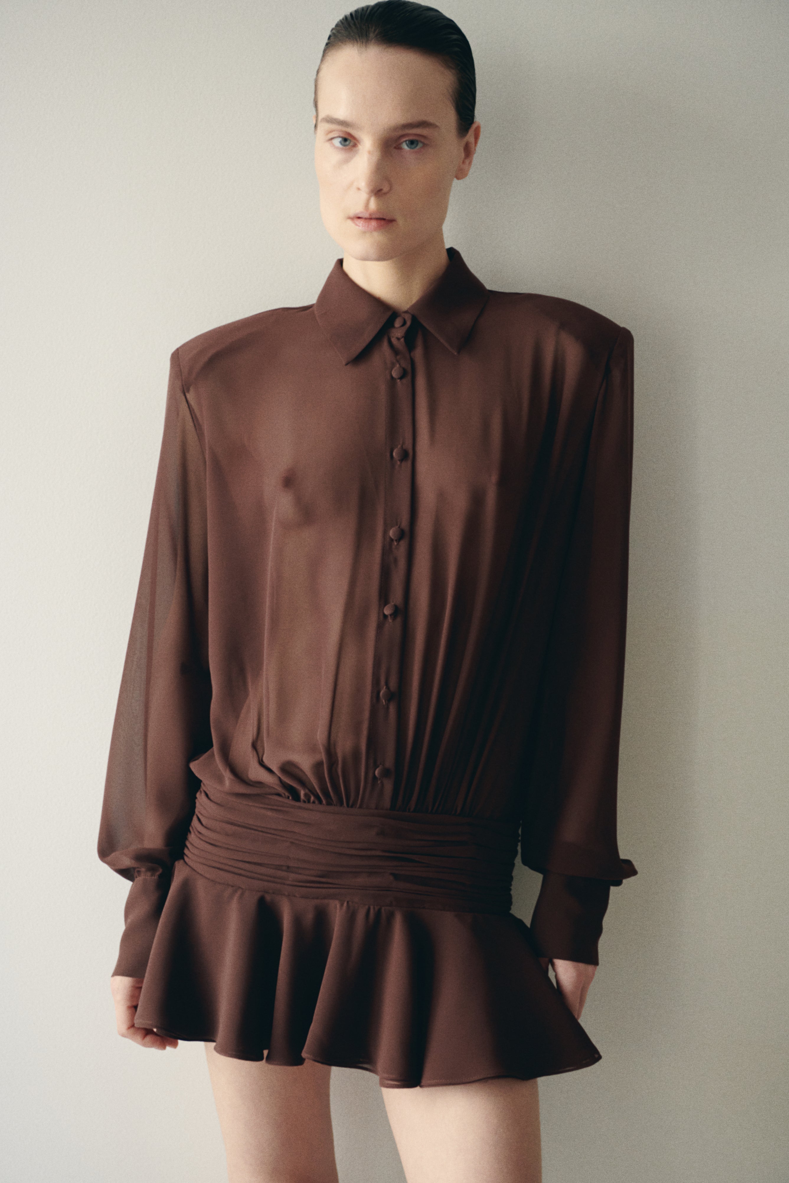 Brown Chiffon Shirt Mini Dress