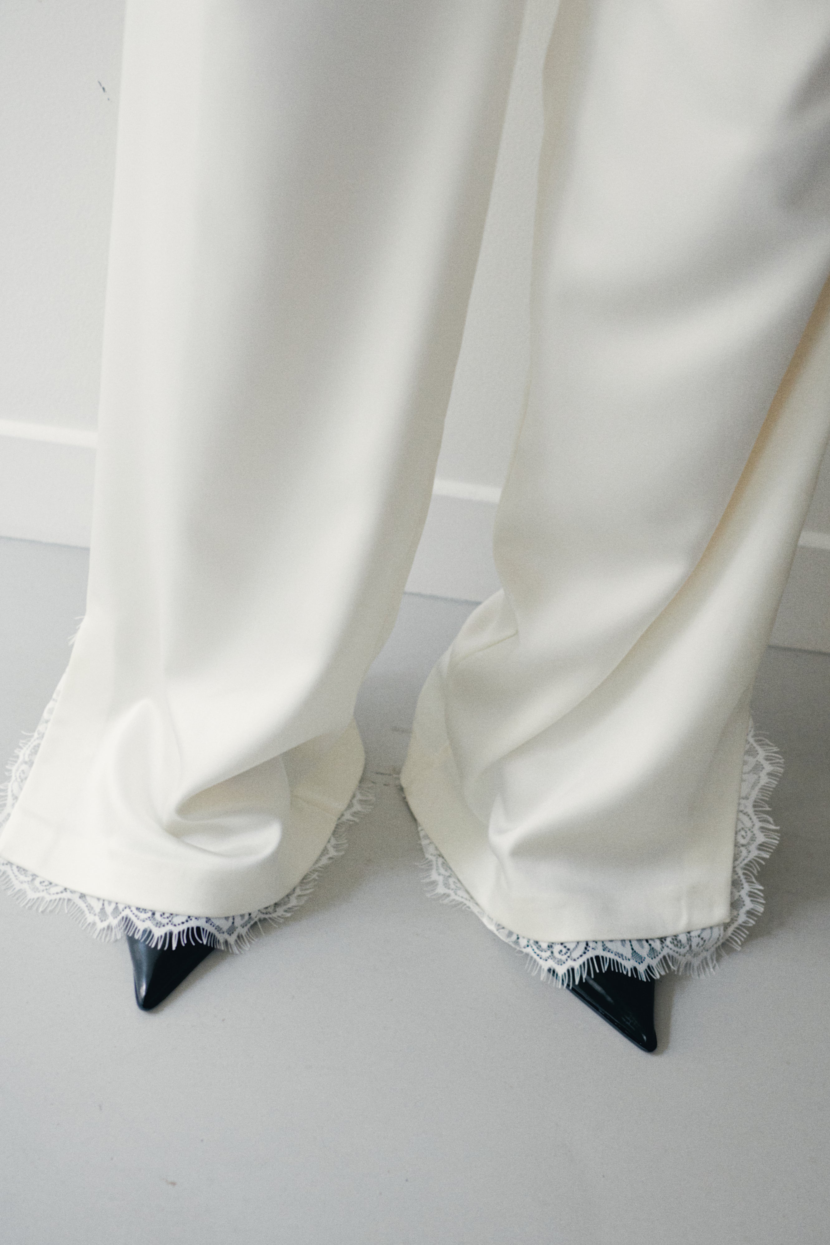 White Satin Trousers with Lace Details