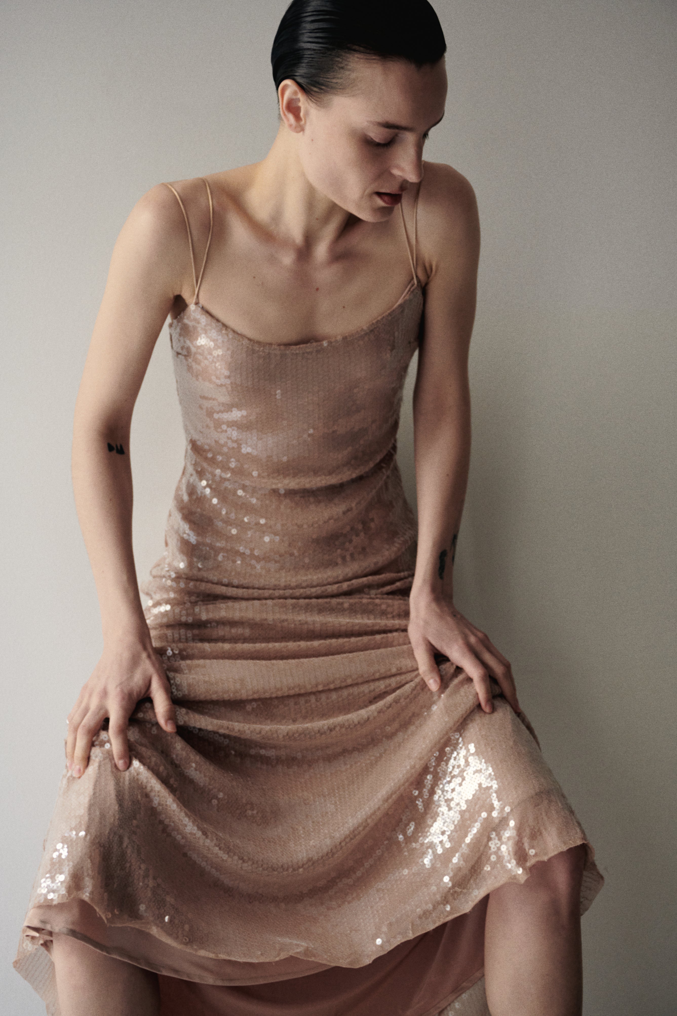 Nude Sequin Long Transparent Dress