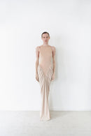 Nude Halter Neck Draped Dress With Gloves