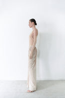 Nude Halter Neck Draped Dress With Gloves