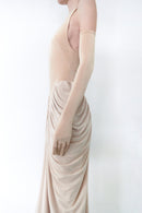 Nude Halter Neck Draped Dress With Gloves