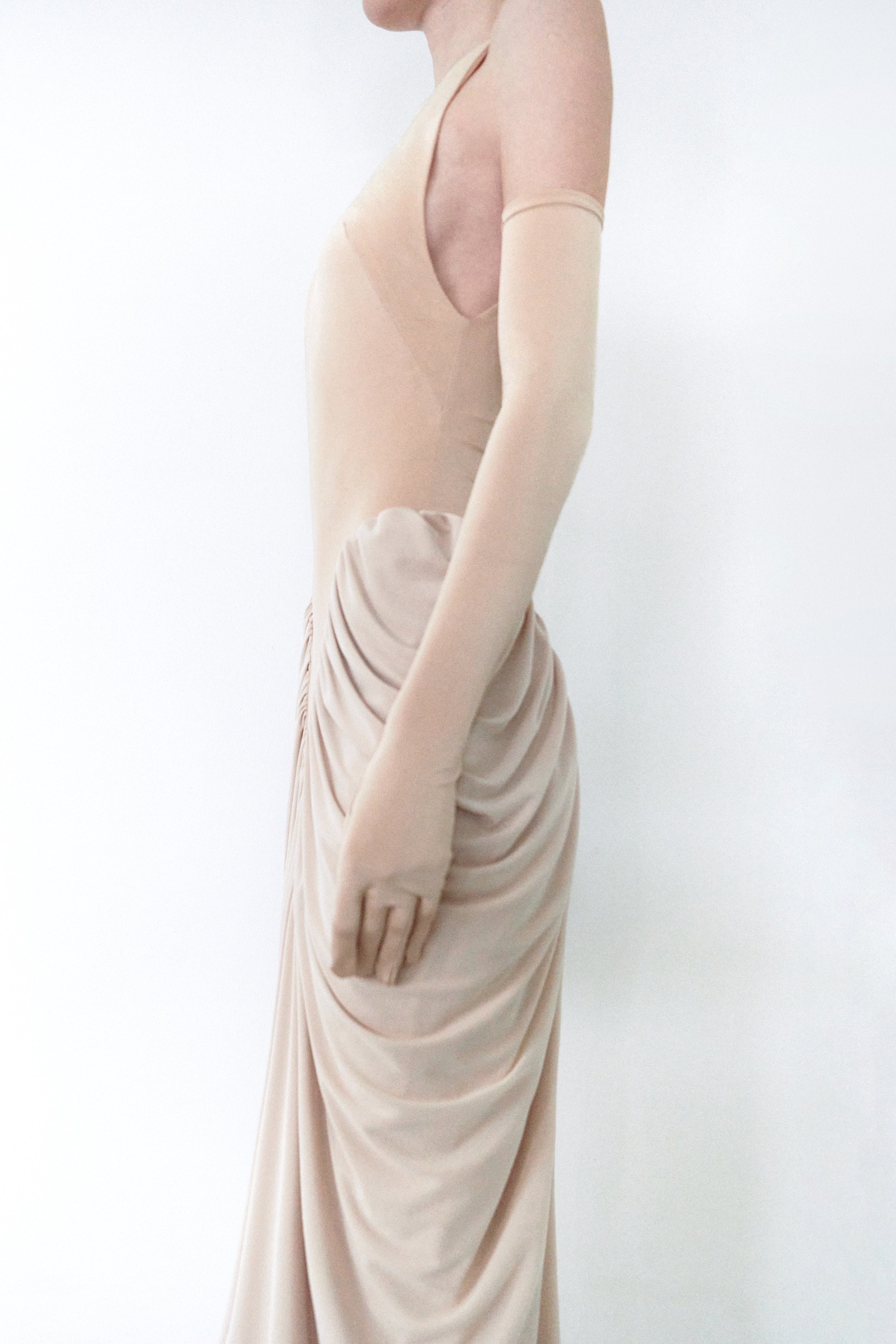 Nude Halter Neck Draped Dress With Gloves