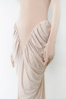 Nude Halter Neck Draped Dress With Gloves