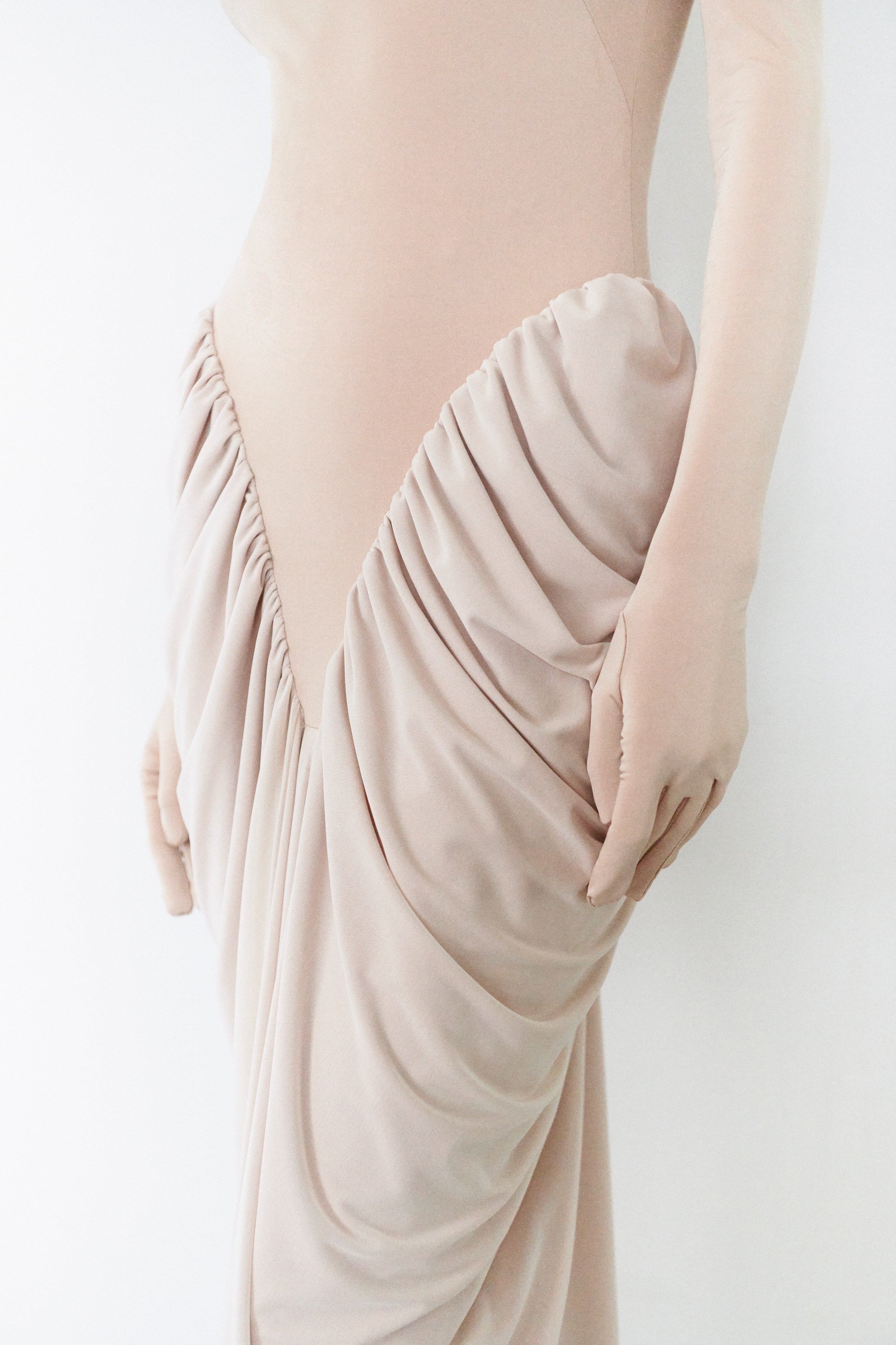 Nude Halter Neck Draped Dress With Gloves