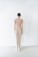 Nude Halter Neck Draped Dress With Gloves