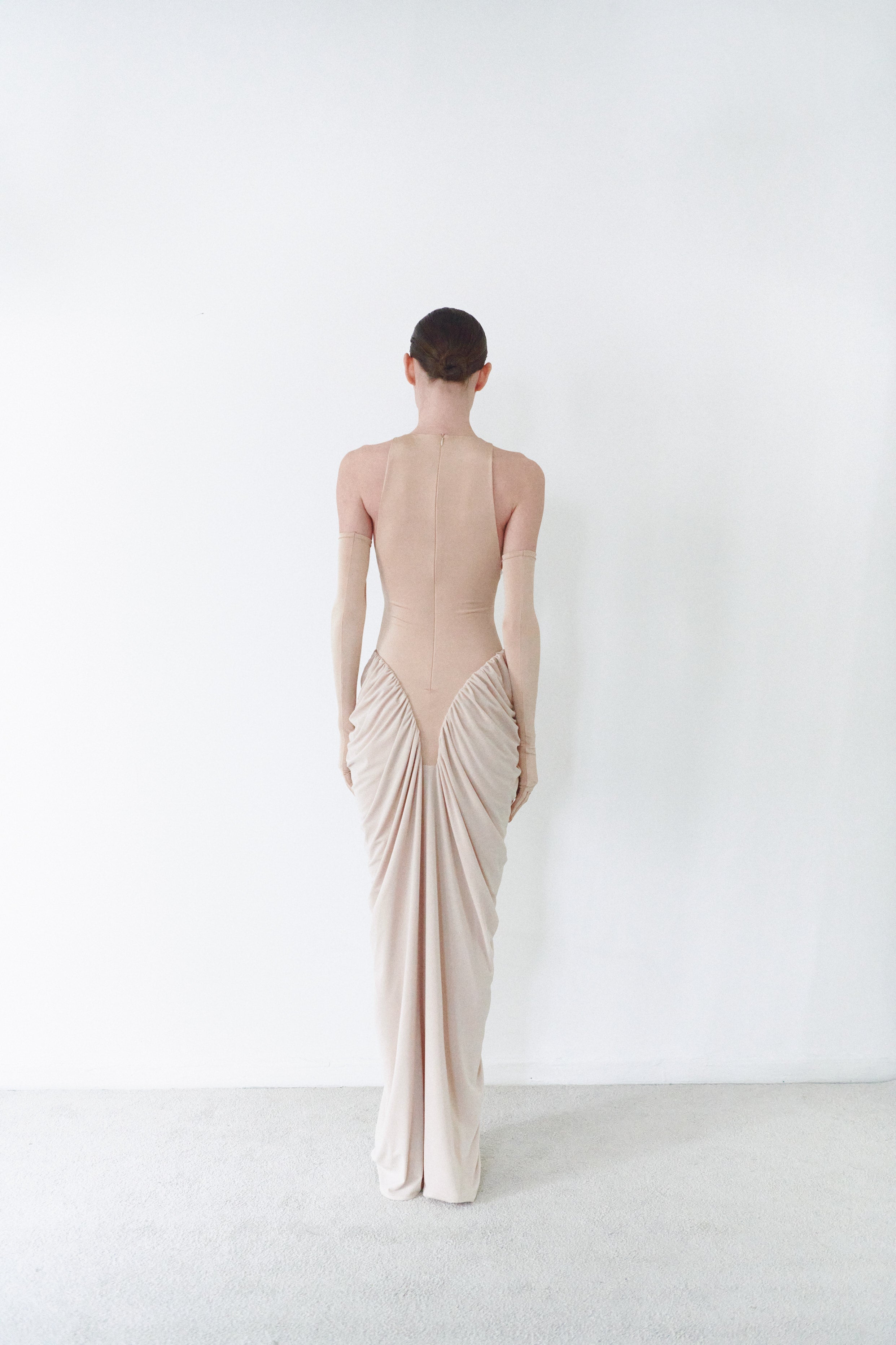 Nude Halter Neck Draped Dress With Gloves