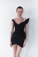 Black Taffeta Asymmetric Dress With Detachable Train