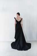 Black Taffeta Asymmetric Dress With Detachable Train
