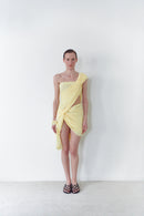 Yellow Draped Mini Dress With Cape And Collar Details