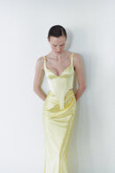 Yellow Satin Corset And Long Draped Skirt Two Piece Set