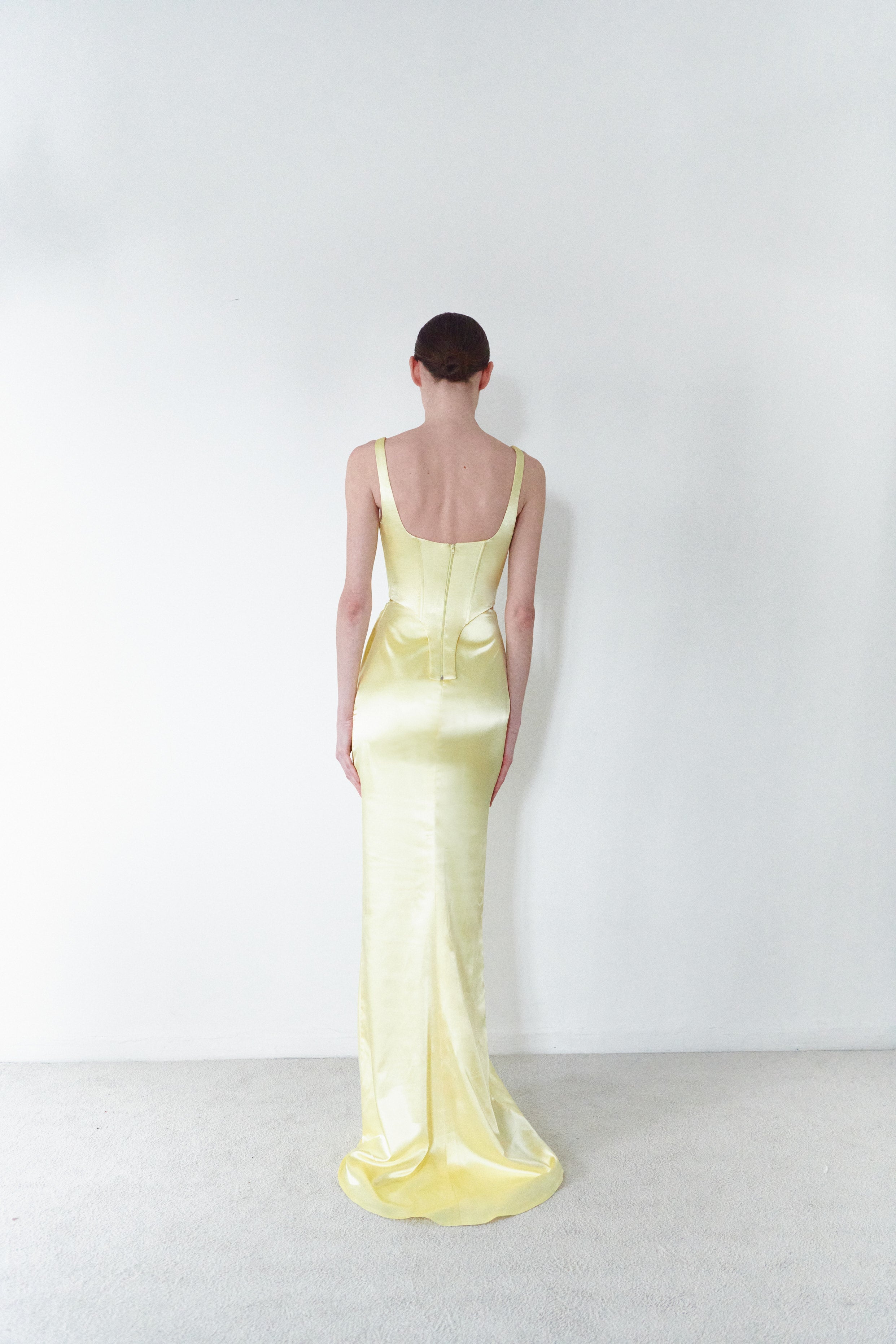 Yellow Satin Corset And Long Draped Skirt Two Piece Set