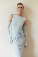 Dusty Blue Draped Maxi Dress with Gloves