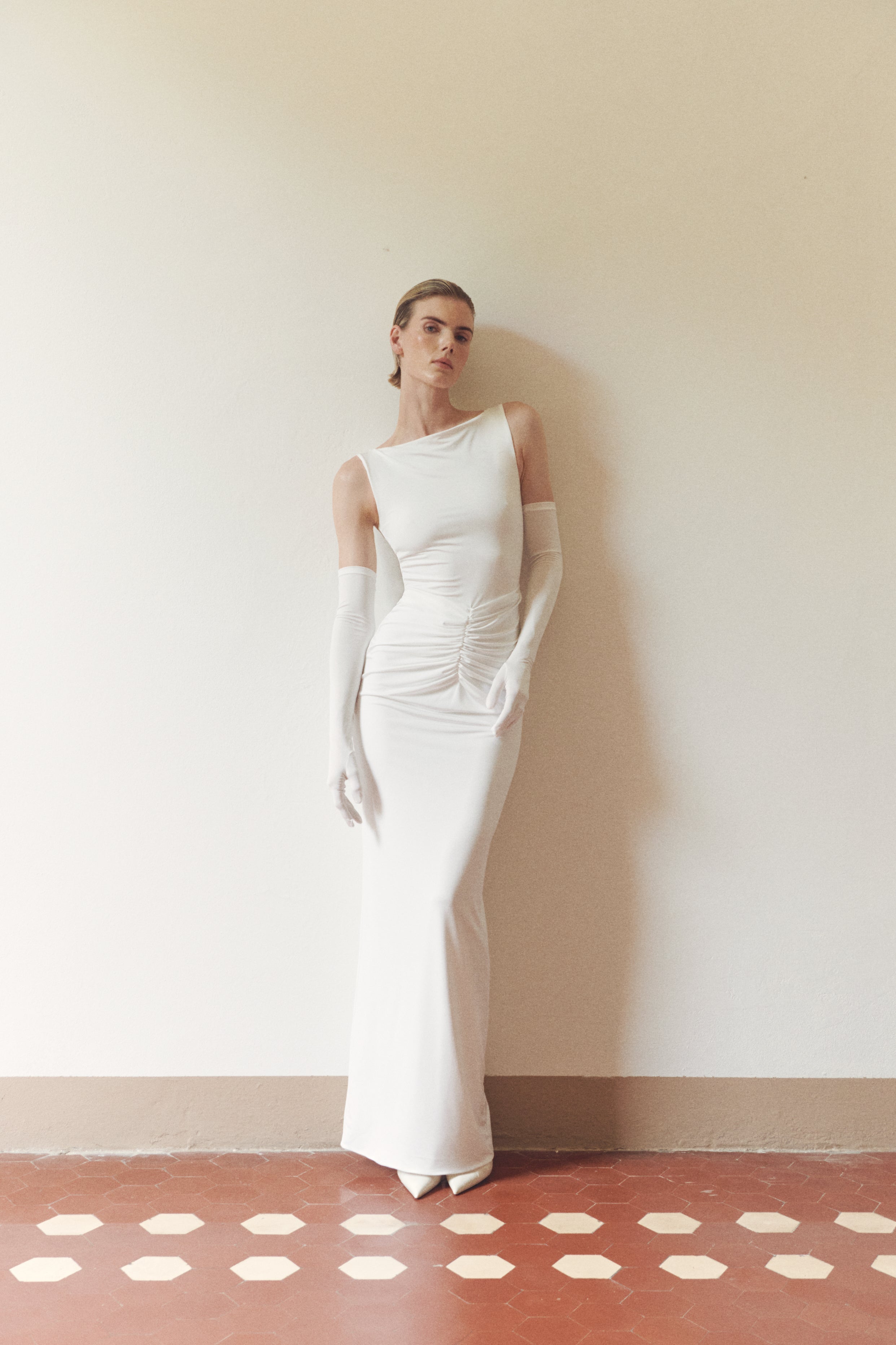 White Draped Maxi Dress with Gloves