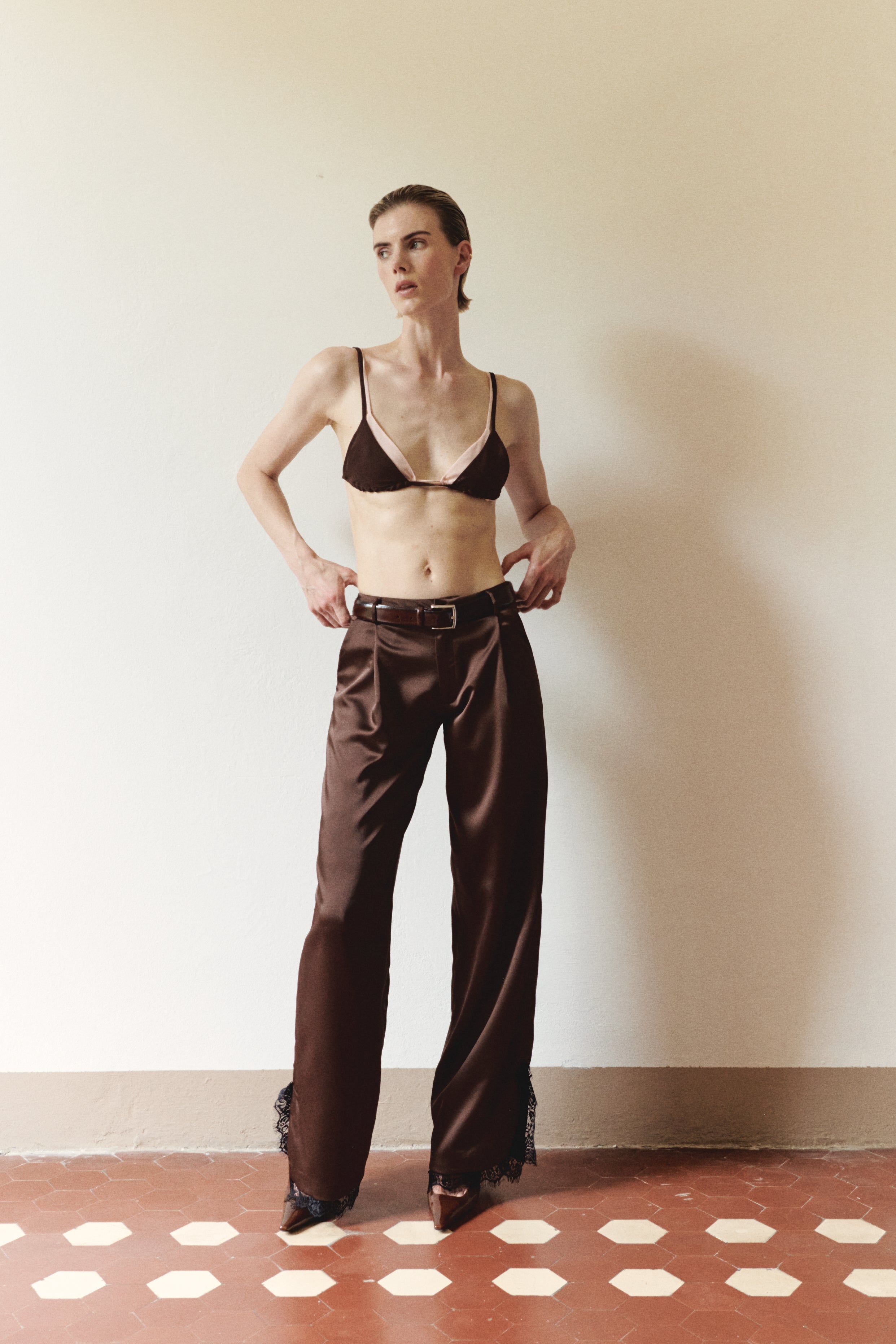 Brown Satin Trousers with Lace Details