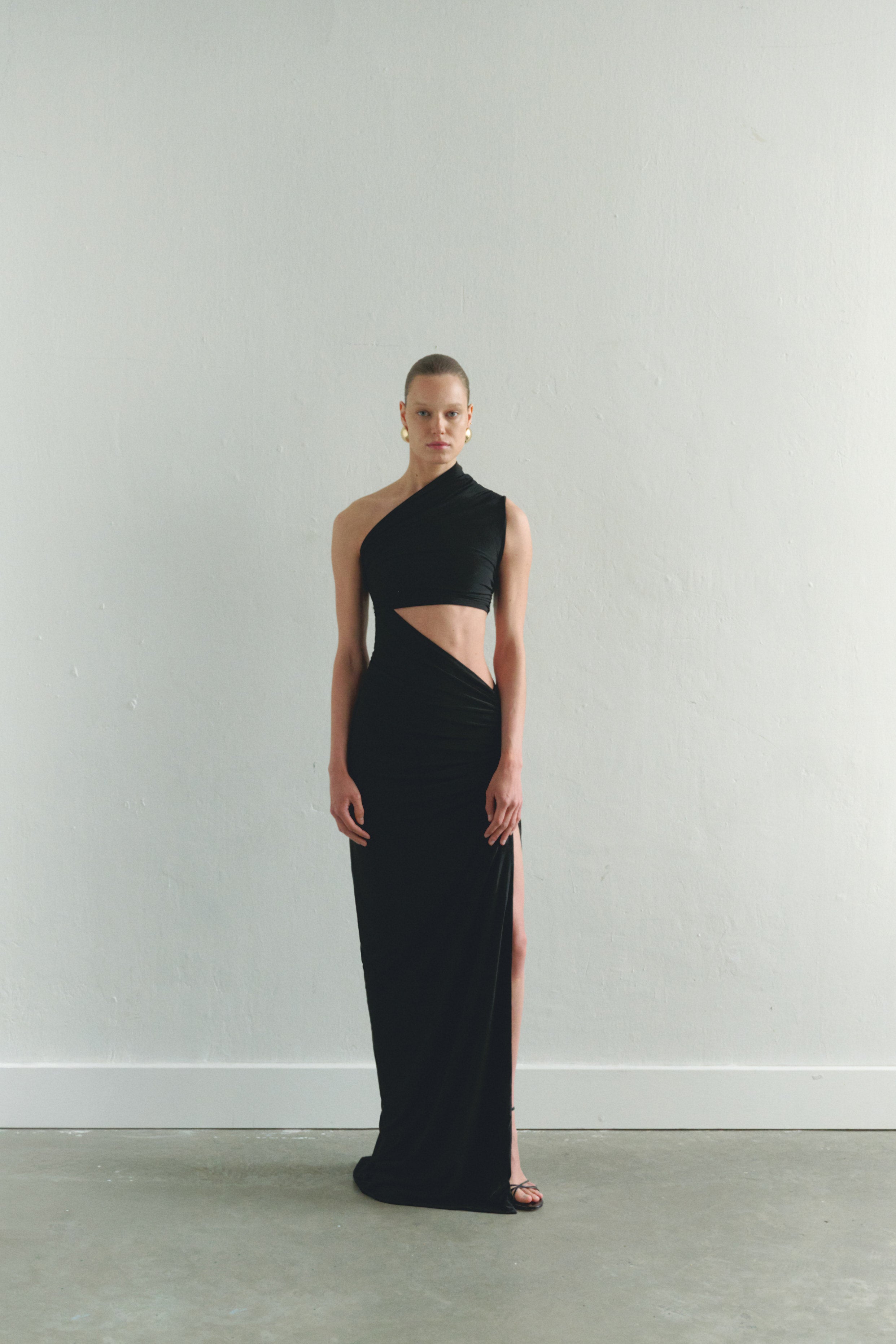 One-shoulder Black Maxi Dress with Cut-Out Detail